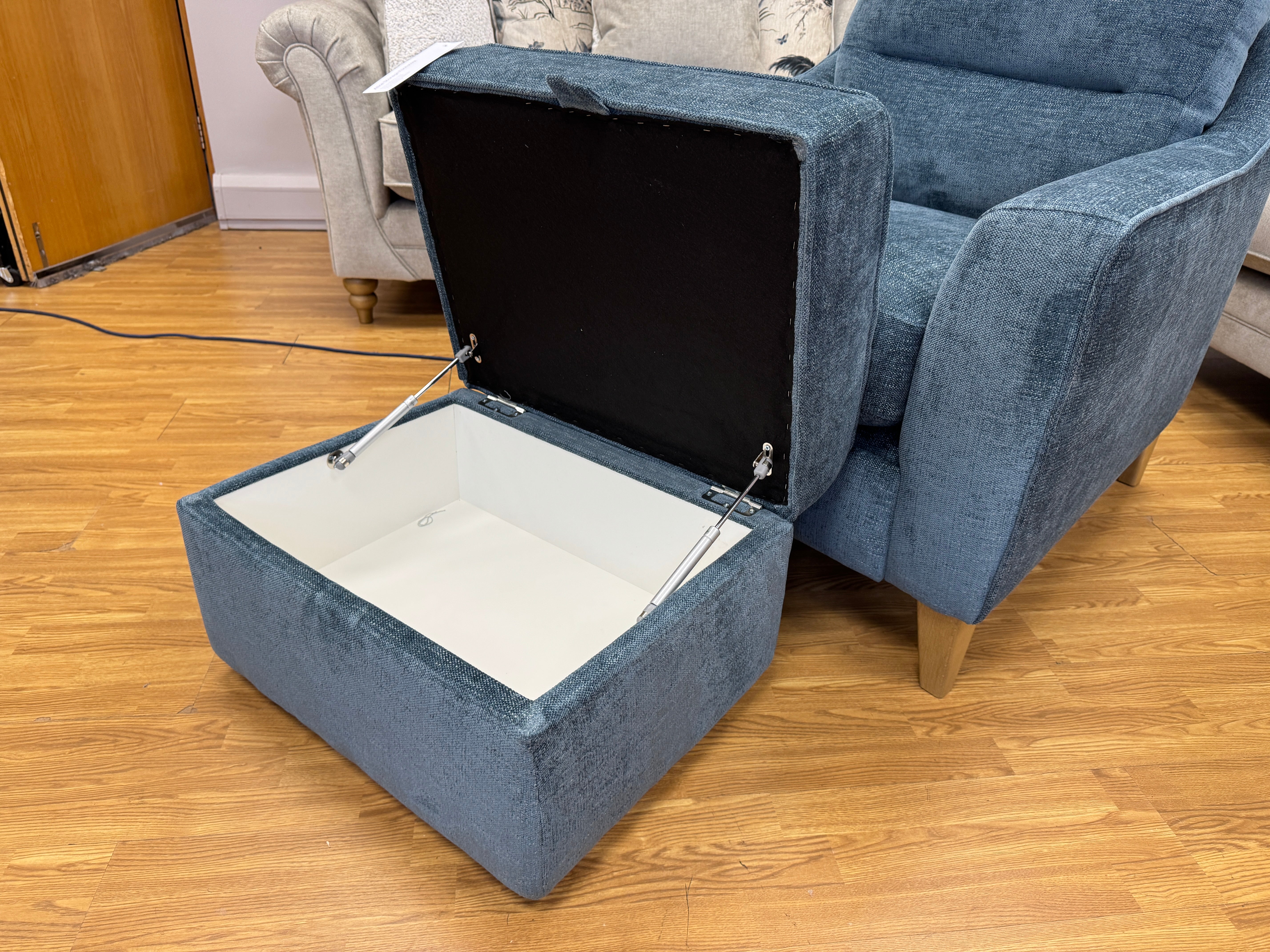 Small compact storage footstool in Marlon Atlantic blue fabric