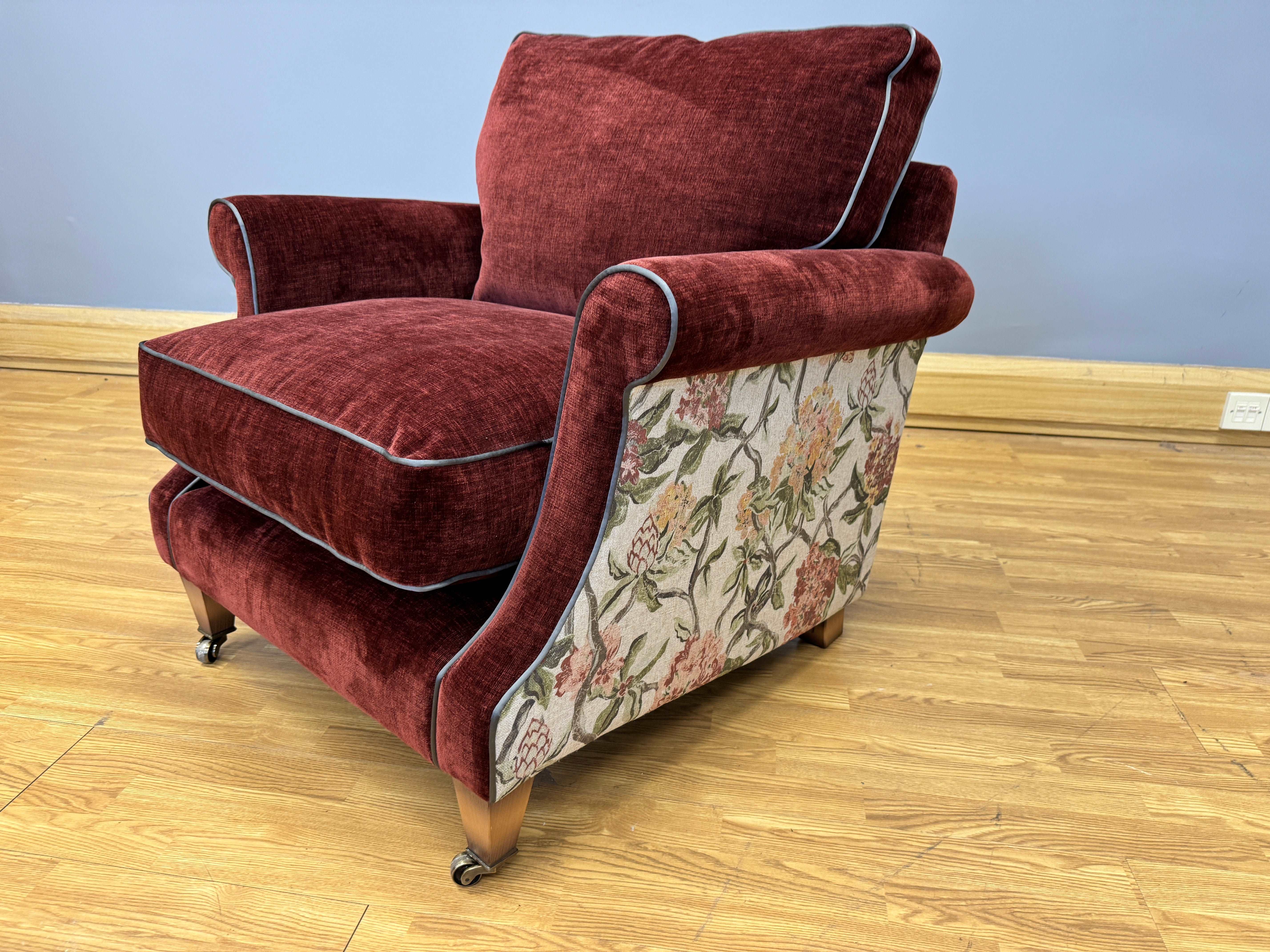 English Heritage Quarry accent chair in Garnet distressed chenille & linen floral outer cover