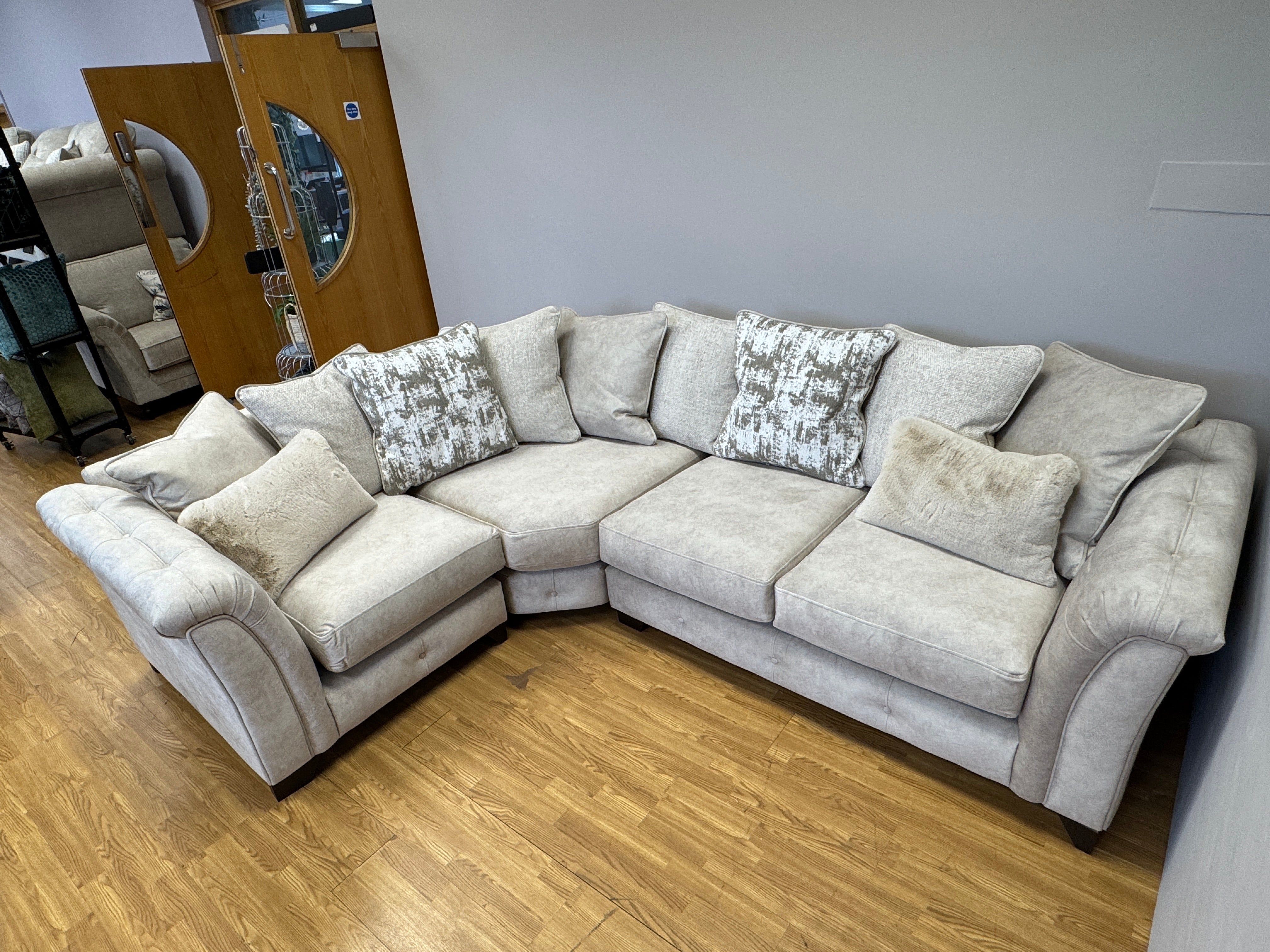 Boutique Aura left facing 3 piece Scatter back corner sofa in Kenzo Cream velvet