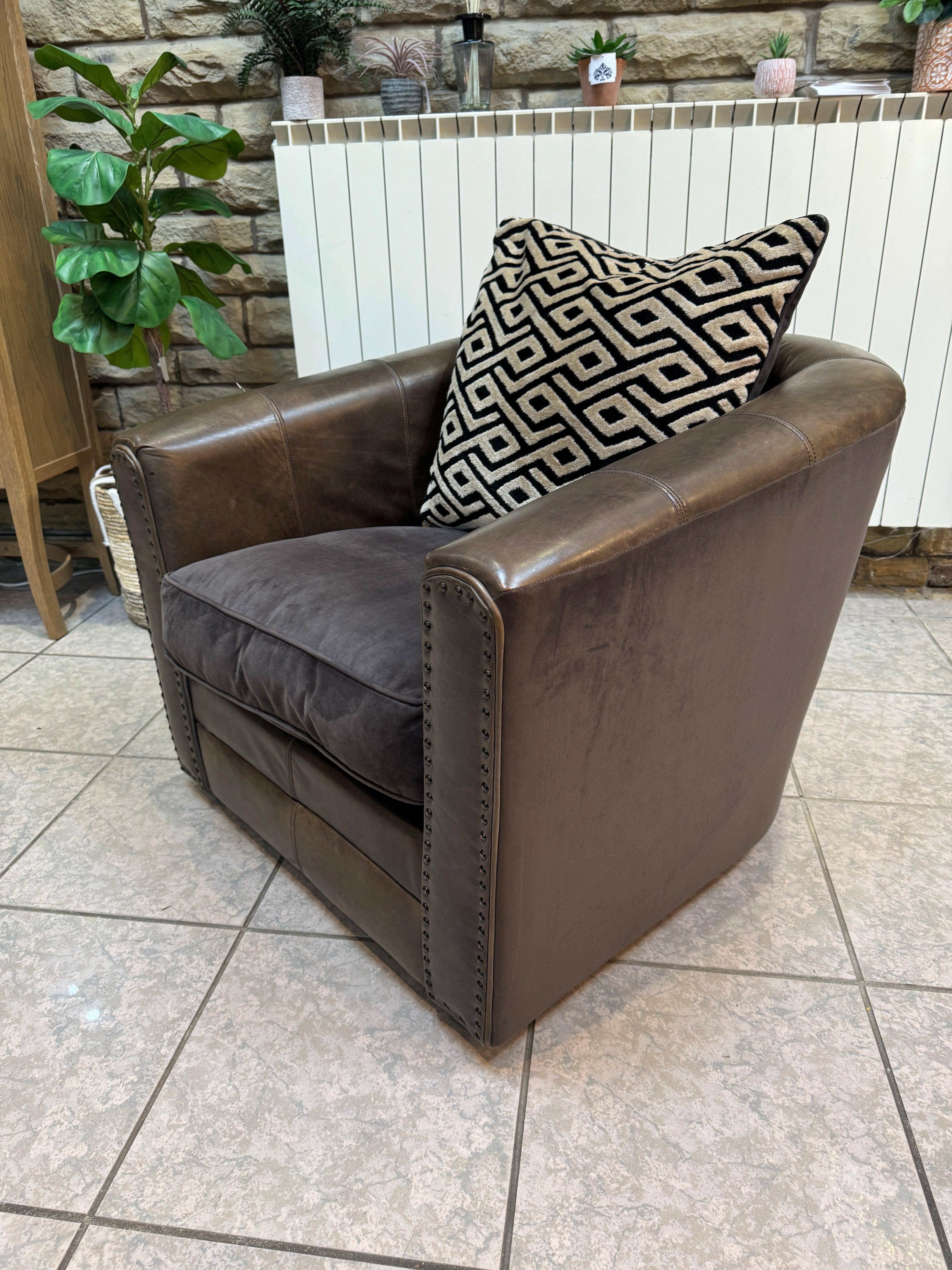 Glimmer swivel base accent tub chair in Cognac brown distressed leather & velvet