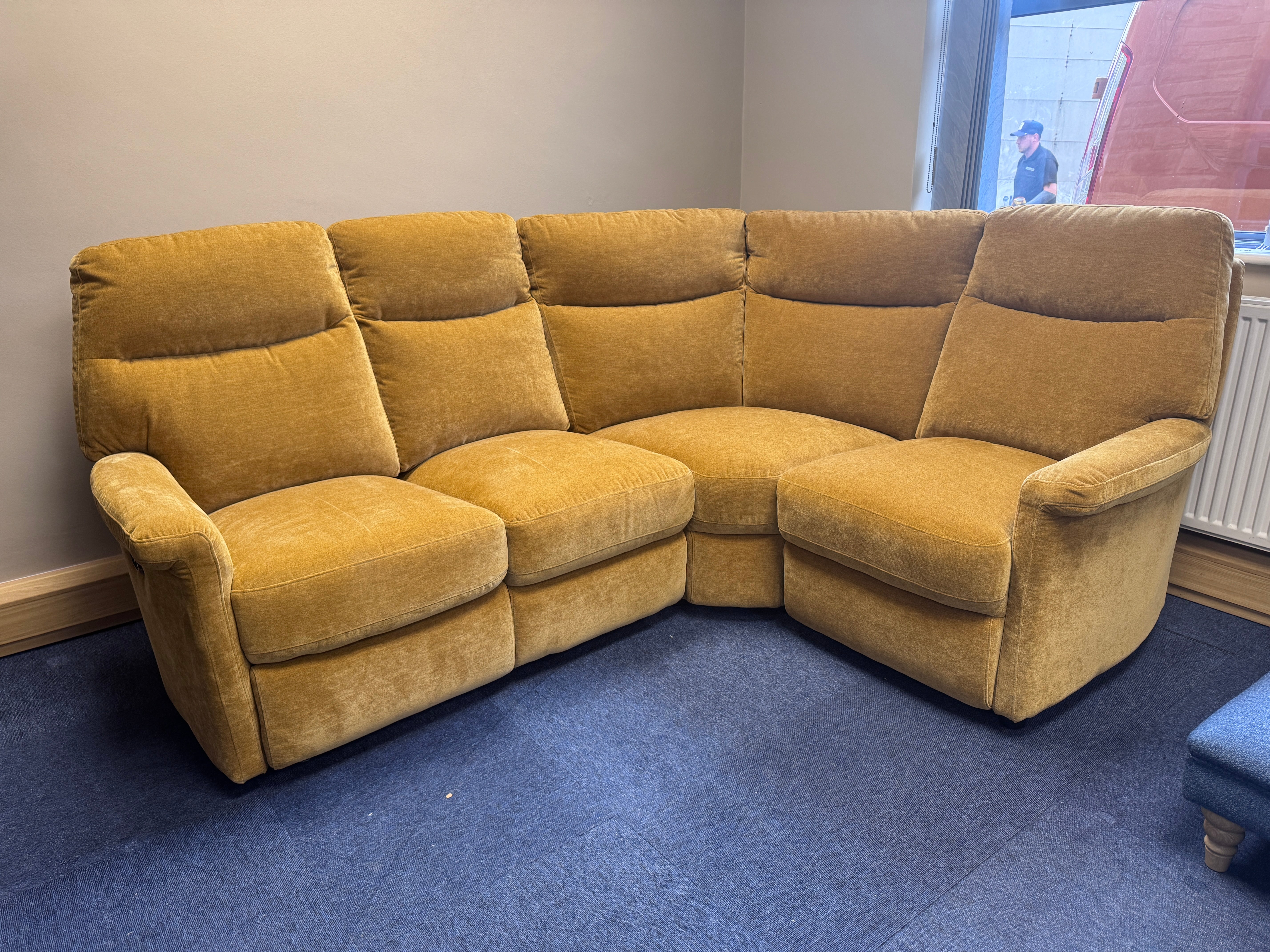 Snug Right facing electric reclining 3 piece corner sofa in mustard velvet fabric