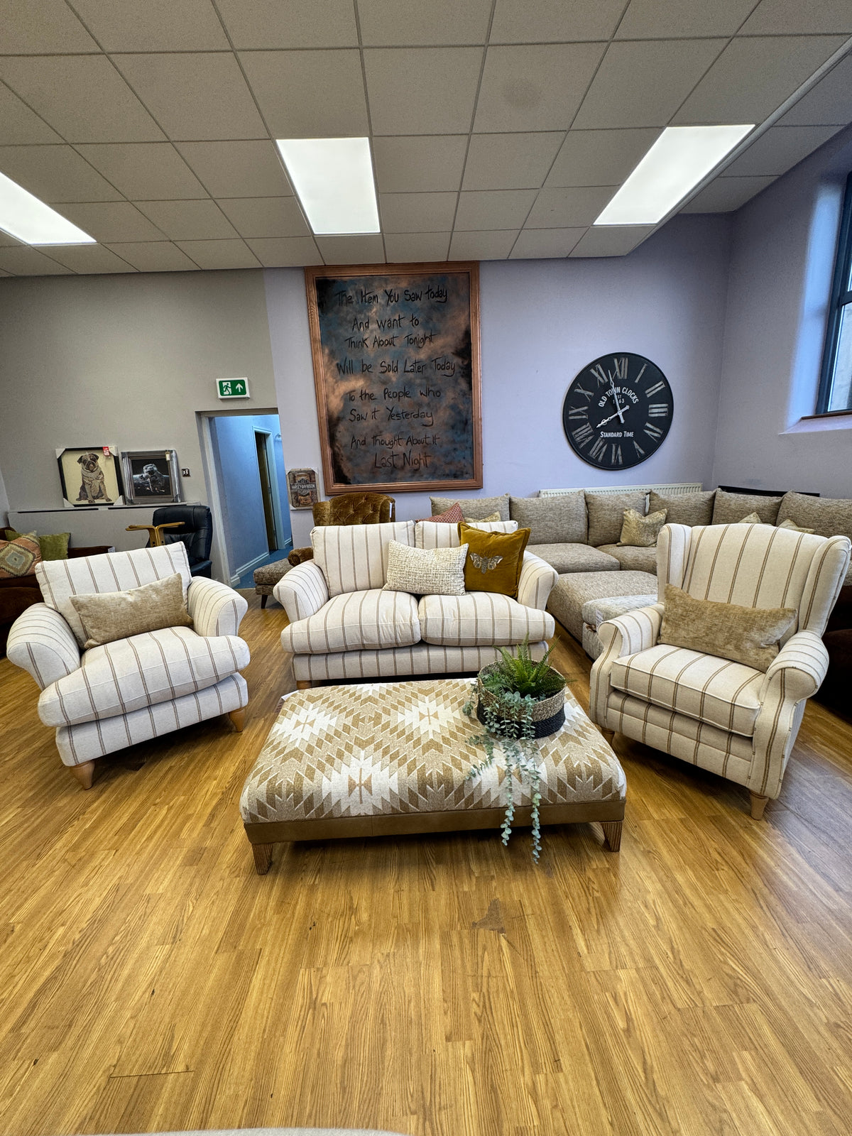 Heather high back winged armchair in natural & honey striped chenille