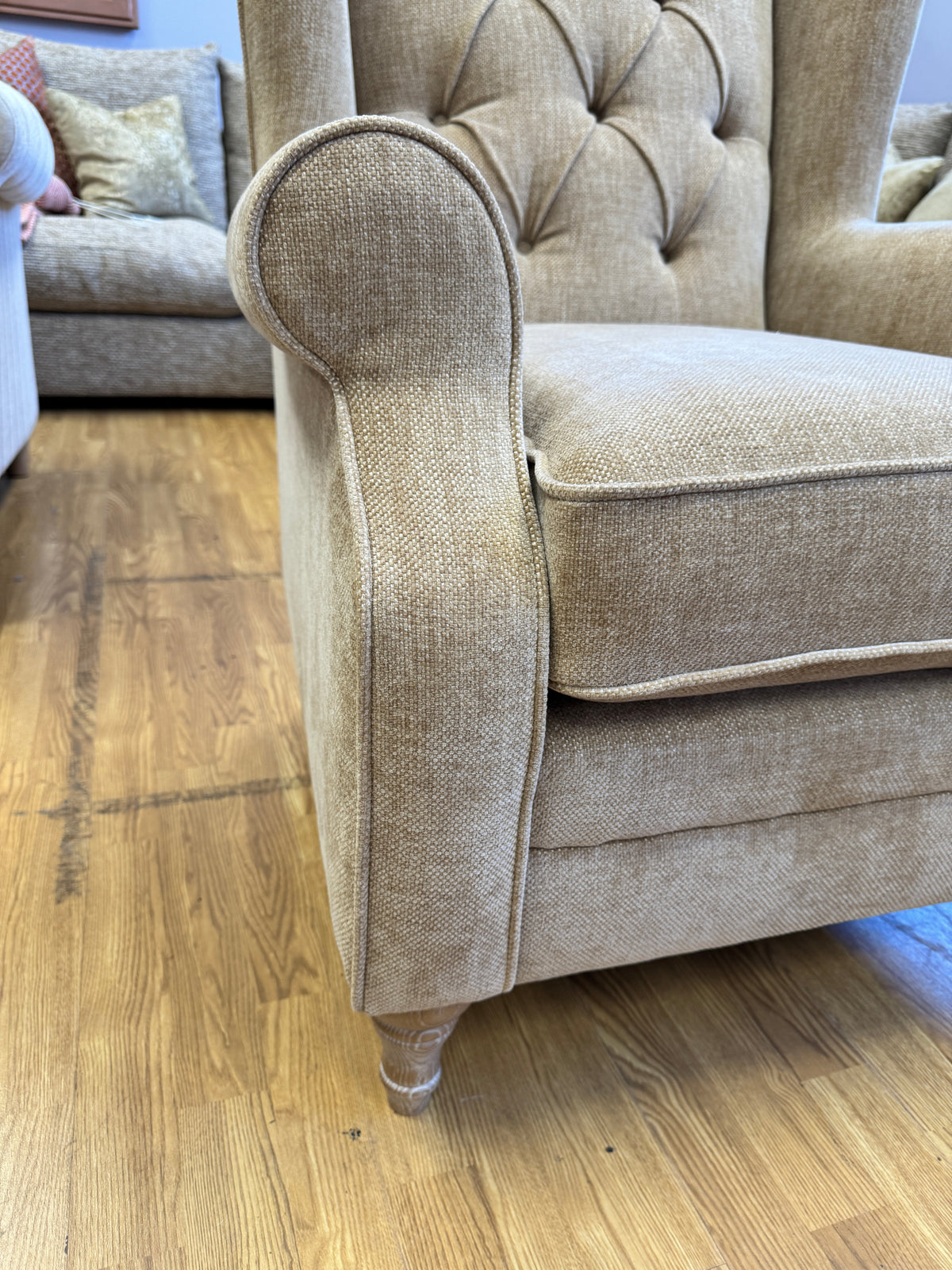 Heather high button back winged armchair in Marni Toffee chenille