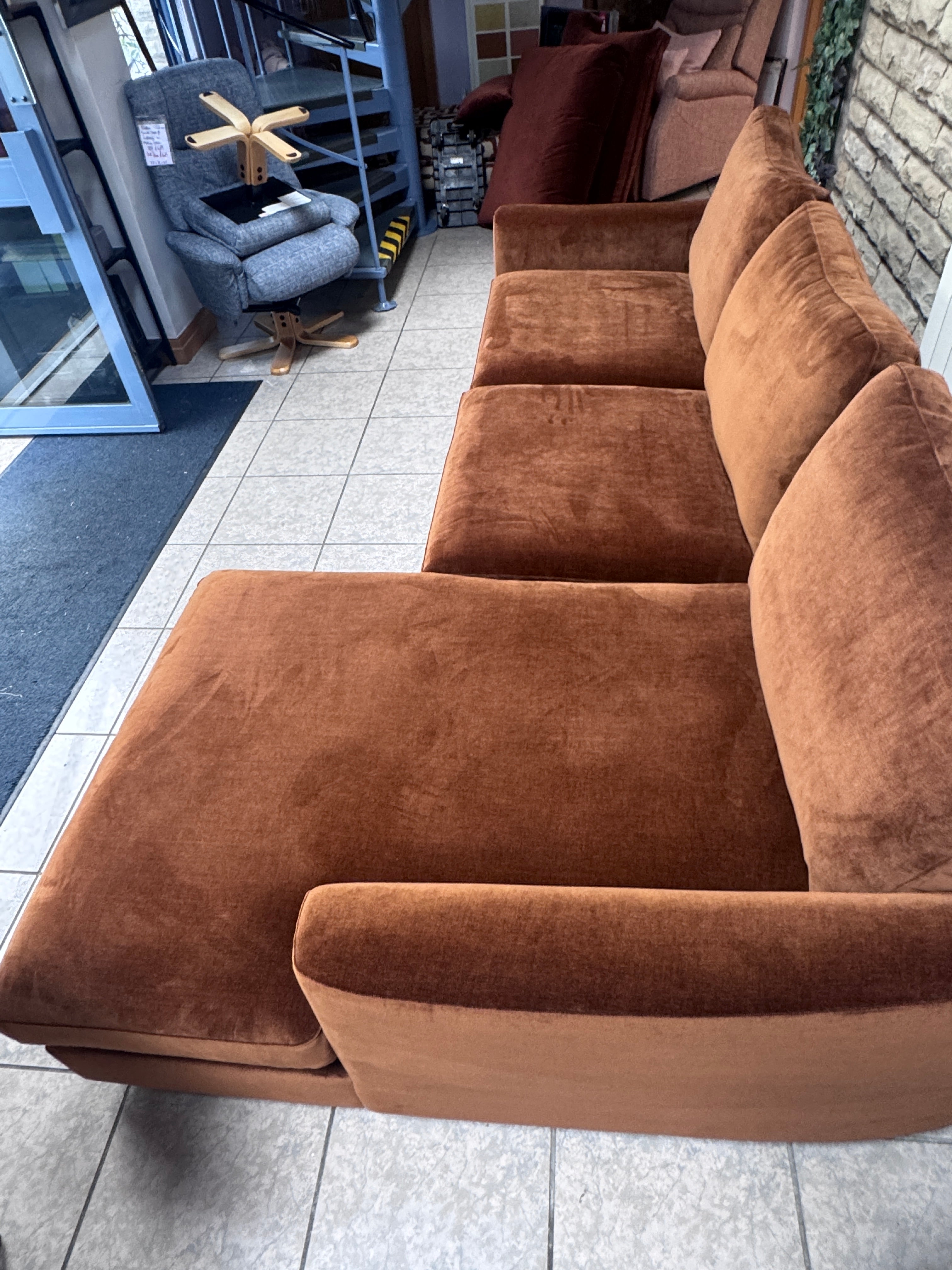 Maddox XL Right facing 2 piece chaise sofa in Masala burnt orange chenille fabric