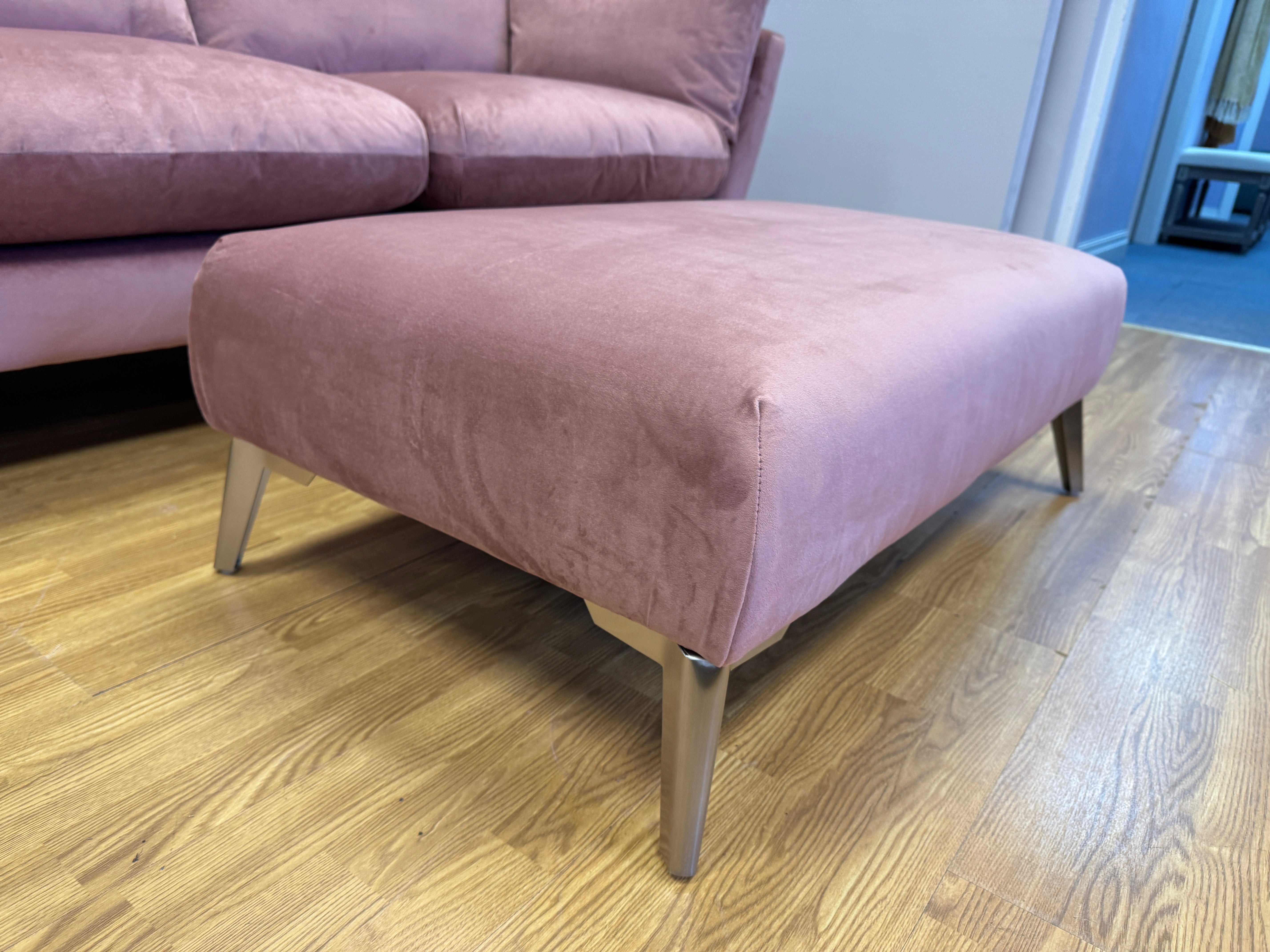 Elton curved sided large 3 seater sofa in Blush pink velvet fabric & matching footstool