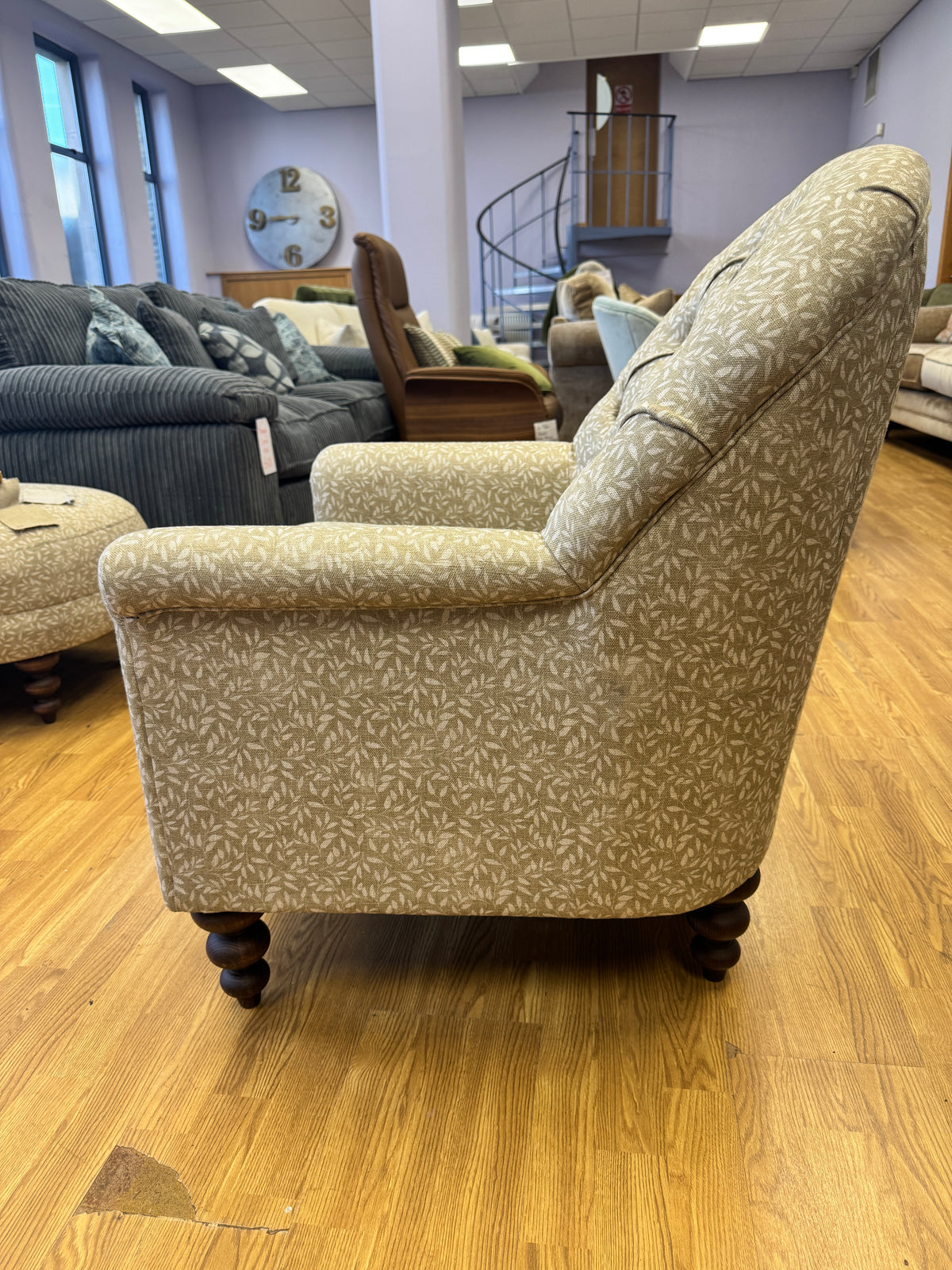 Clover small button back accent chair in Petal stone pattern fabric