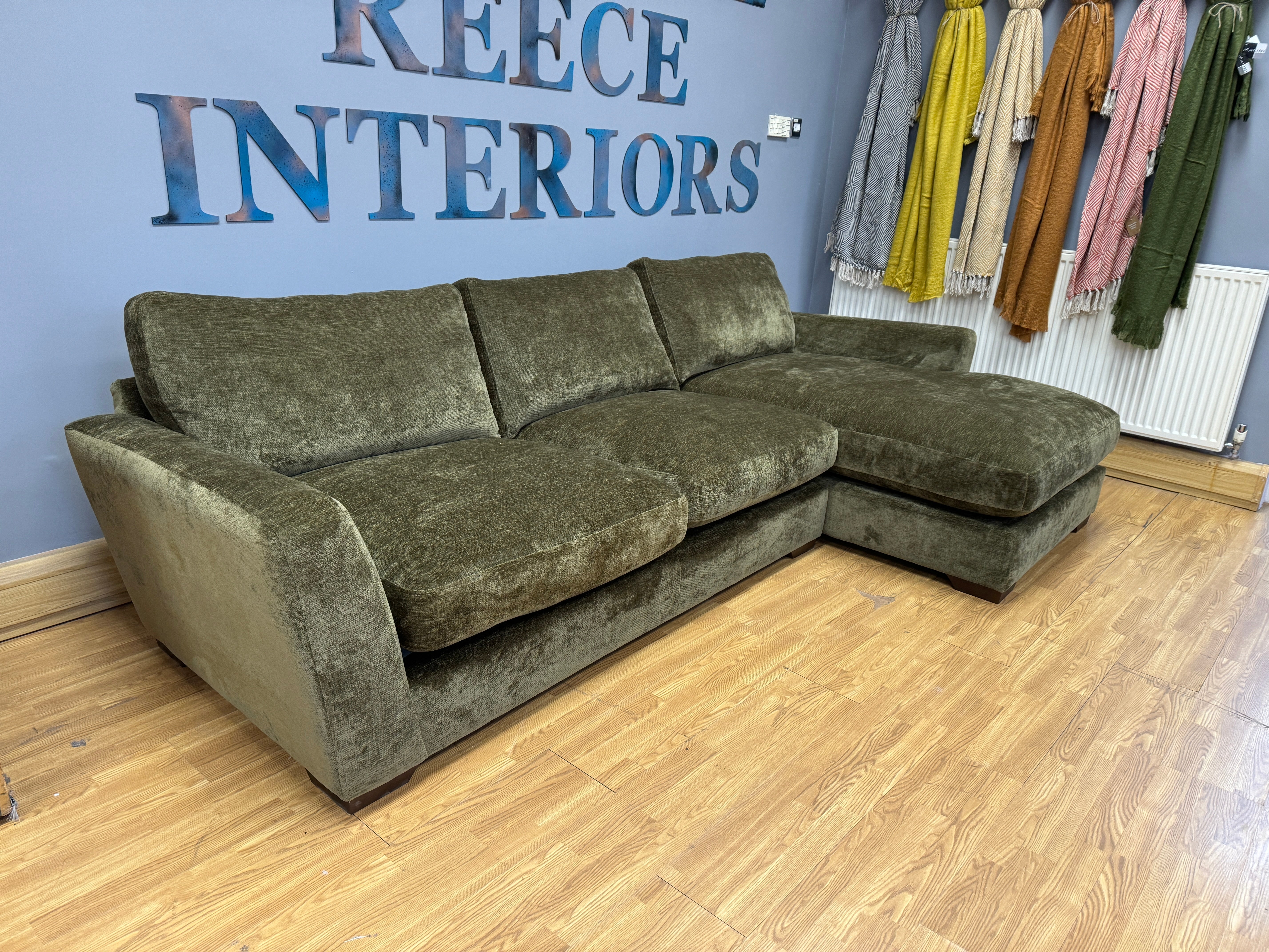 ROMEO XL 2 piece right facing chaise sofa in Khaki green velvet fabric