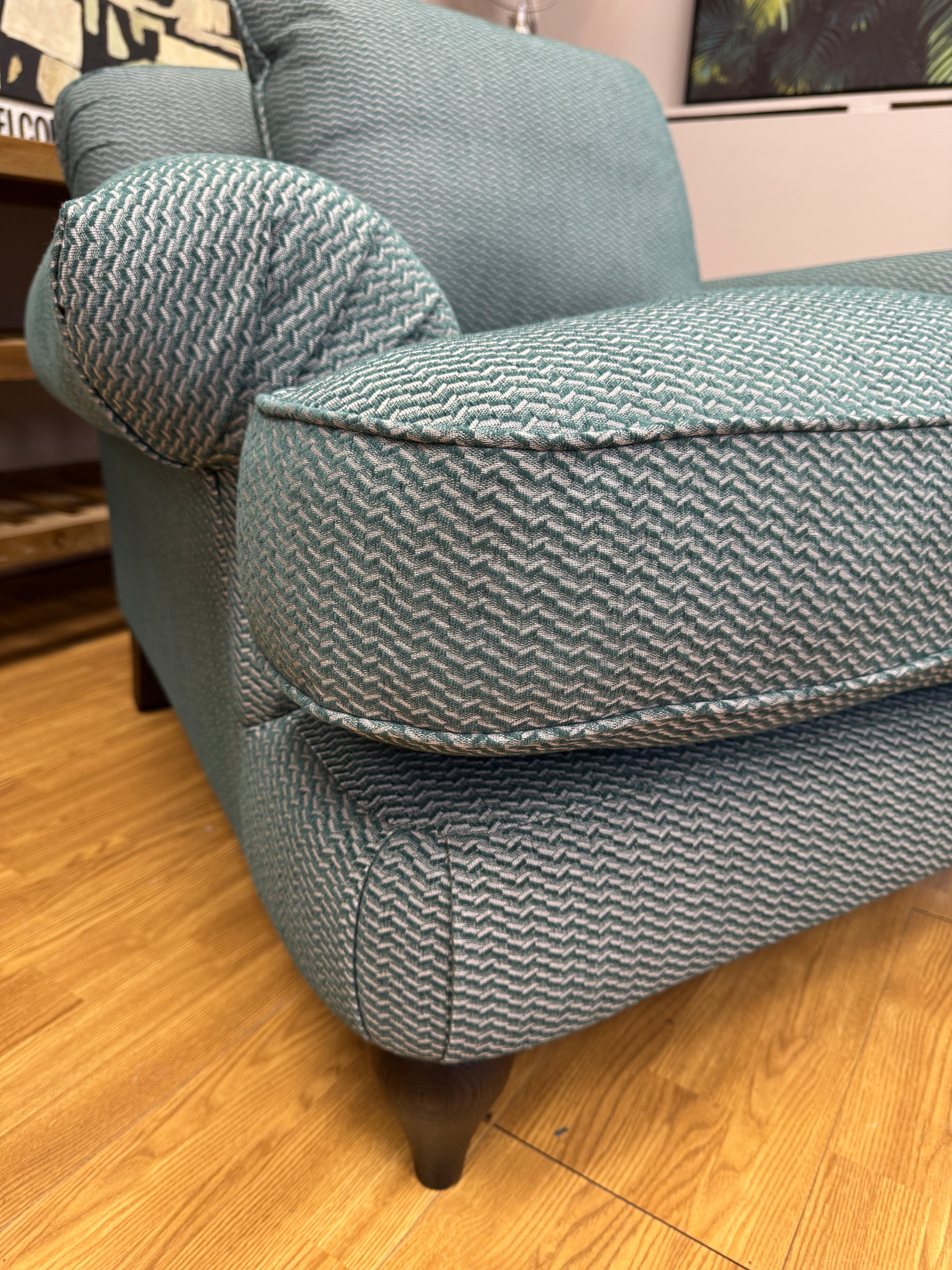 Croft Collection Findon scroll arm accent chair in Juno teal weave