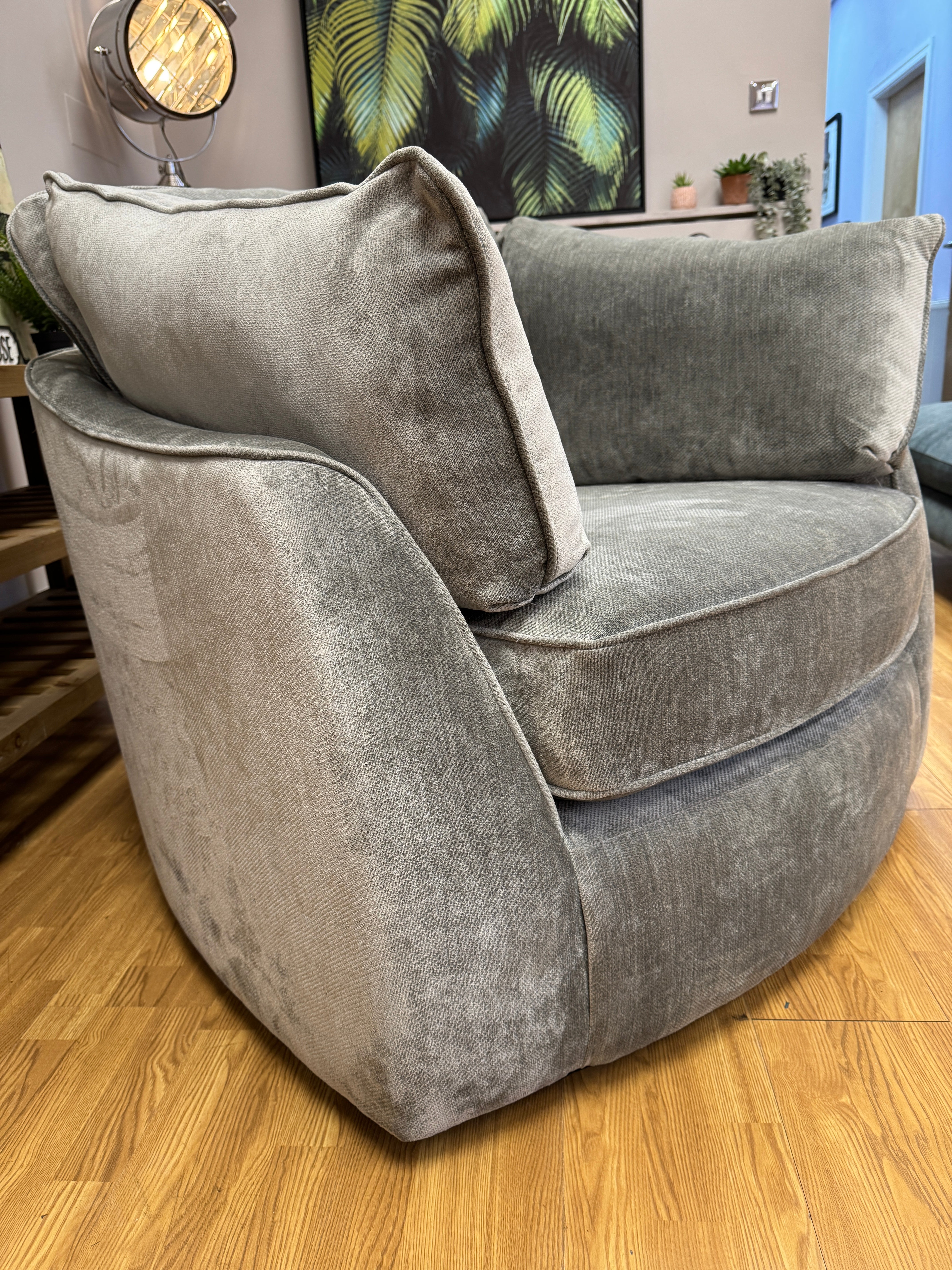 Borelly round cushion back swivel chair in grey velvet fabric