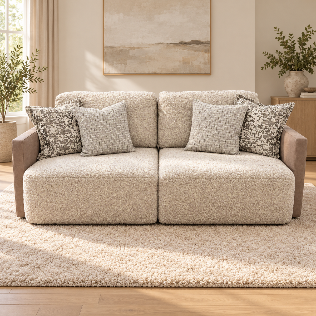Proto 4 seater split sofa in half faux tan leather and cream borg fabric
