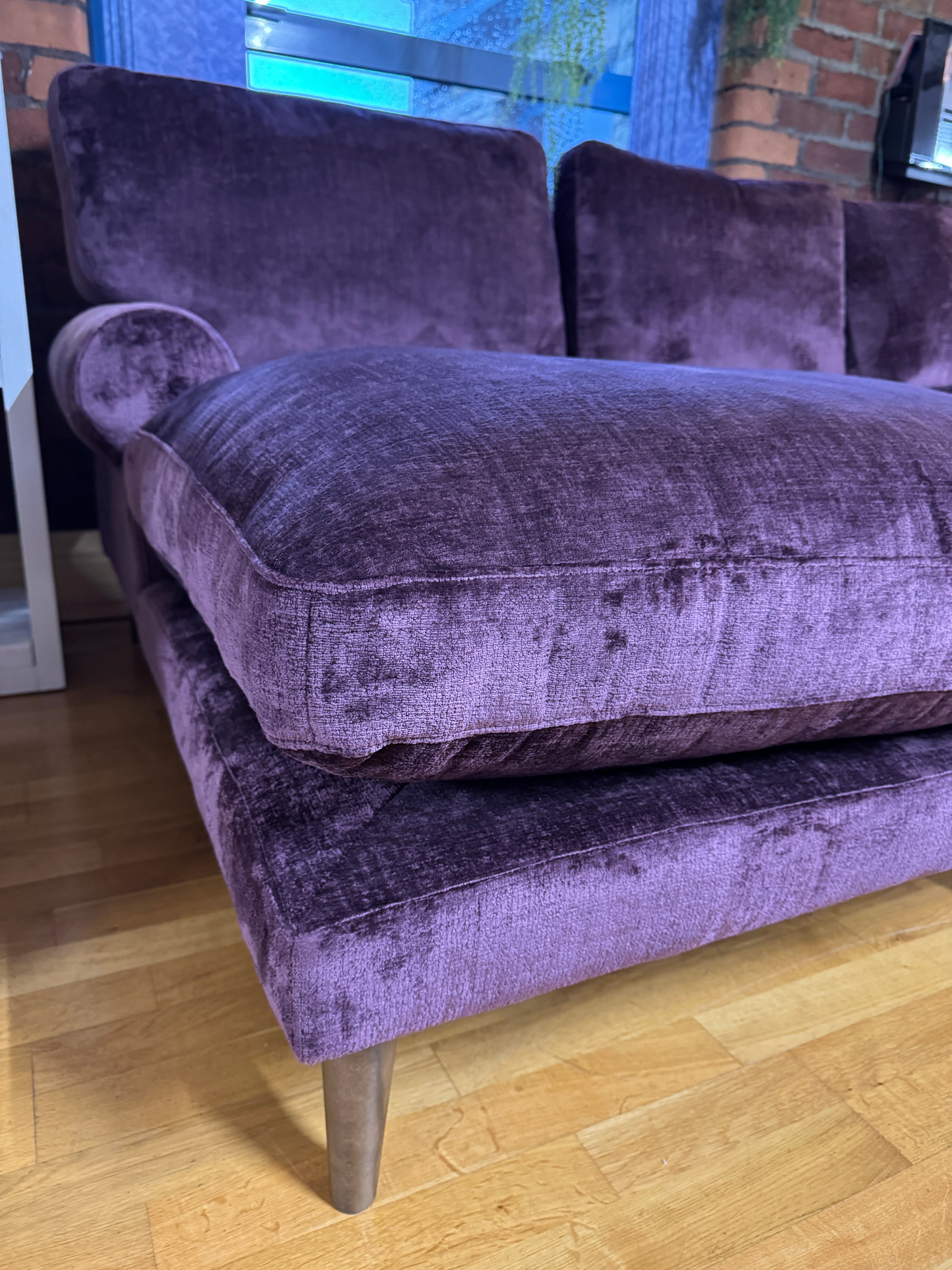 Next Erin left facing 2 piece deep chaise sofa in Dark Plum Purple chenille
