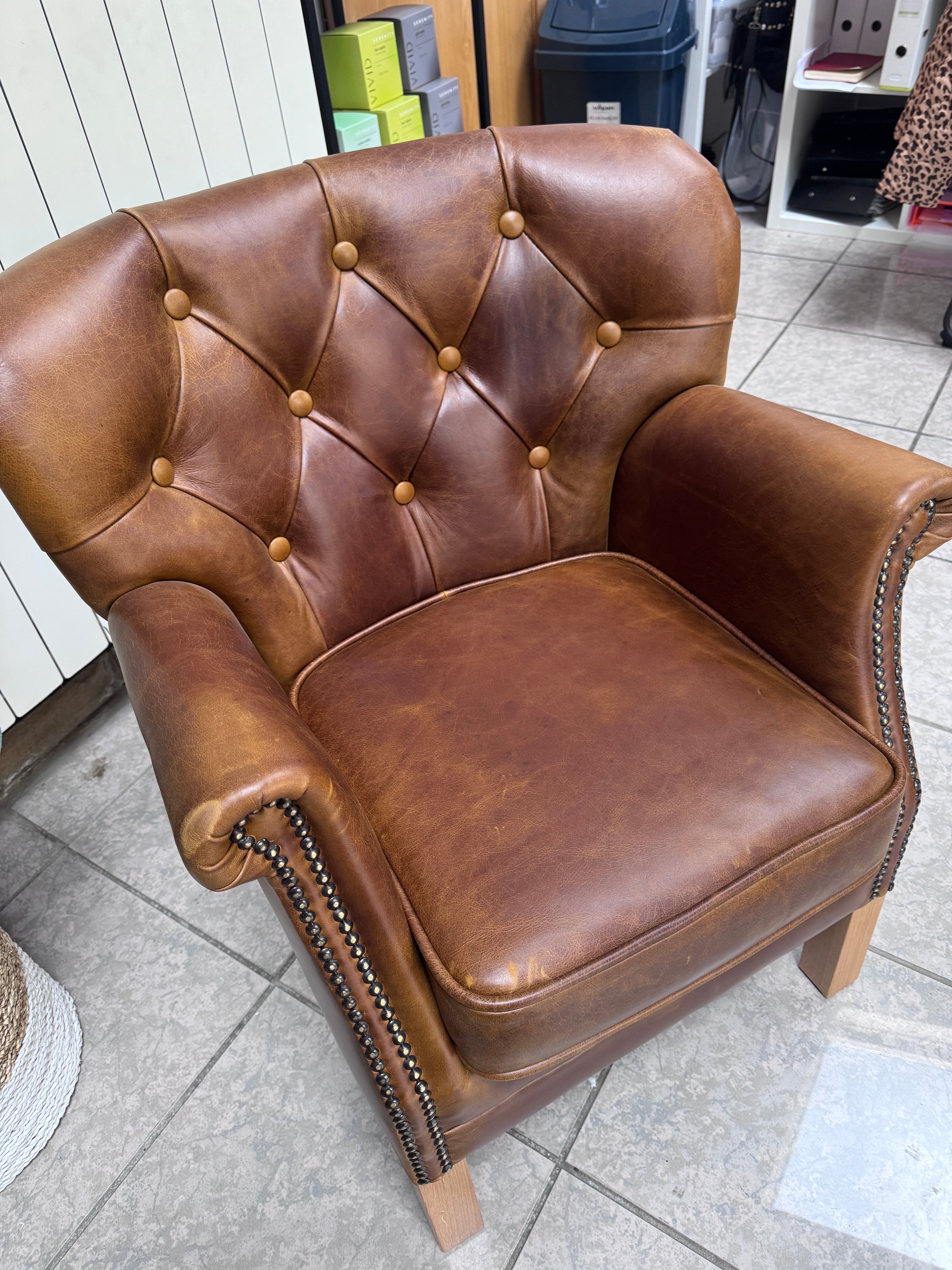 Governor accent chair in Whiskey brown leather with Harris Tweed reversible seat pad