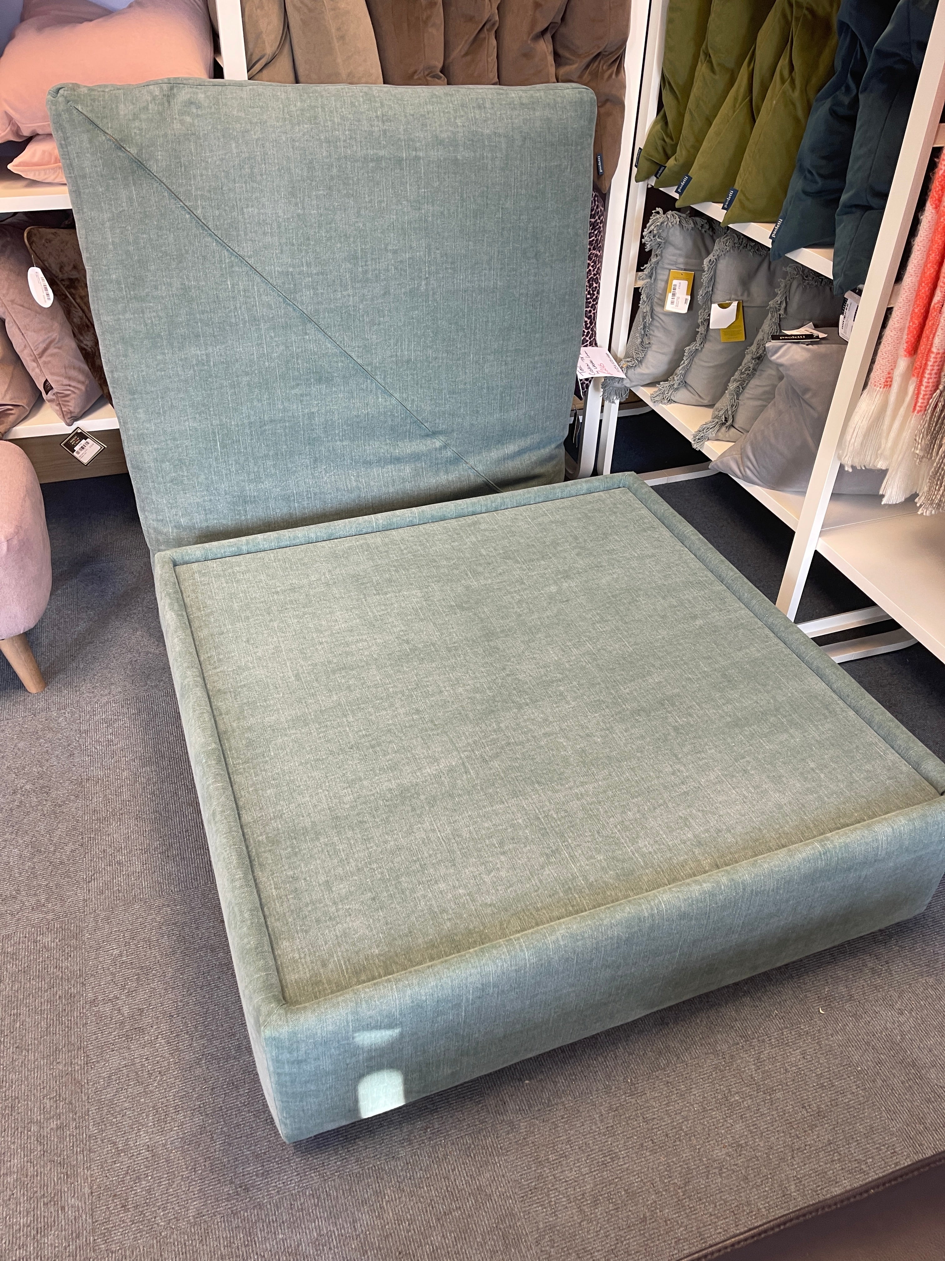 LAMBOURNE large square padded top footstool in teal washed linen