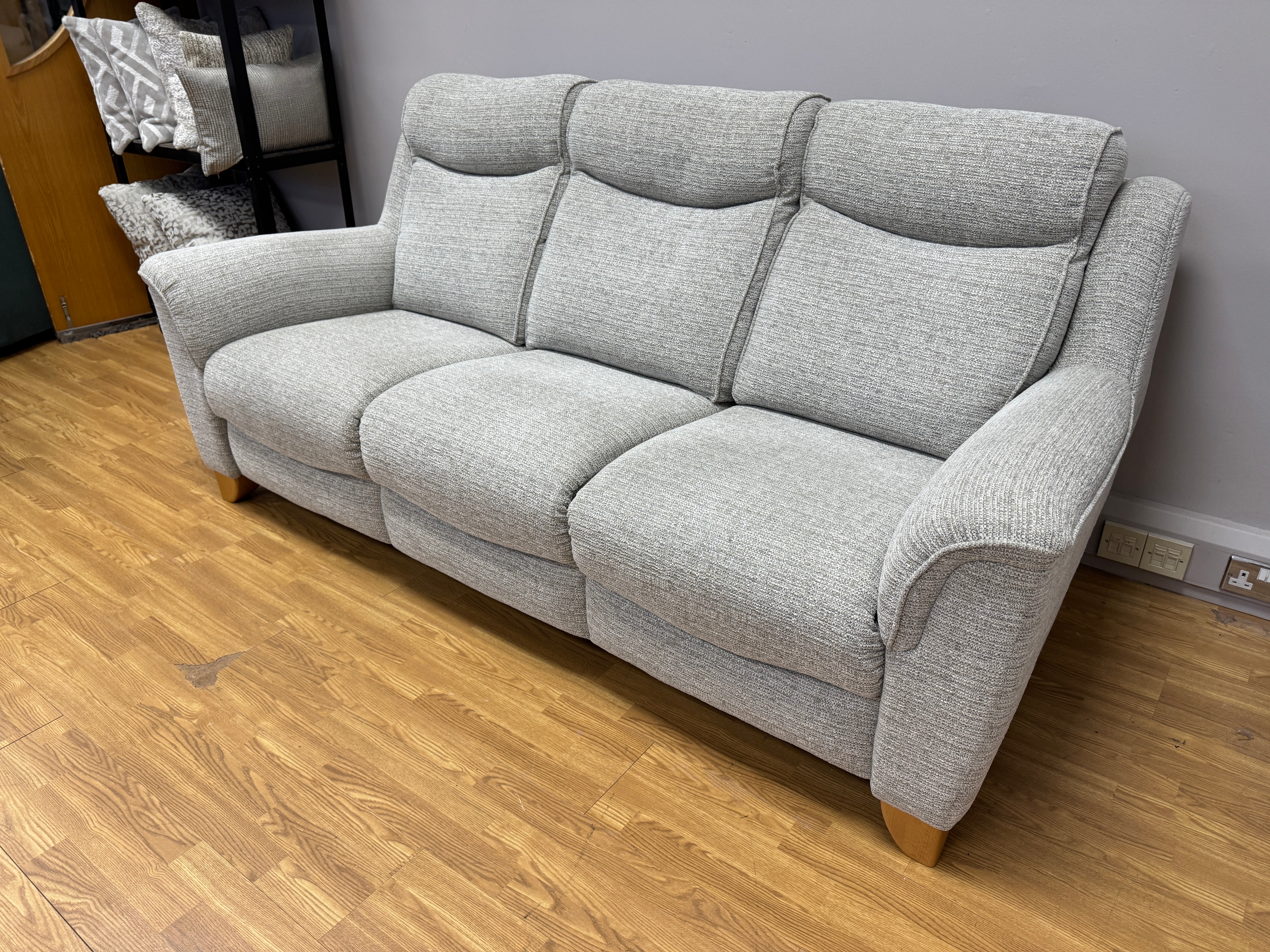 Parker Knoll Manhattan 3 seater high back sofa in light grey mix weave fabric