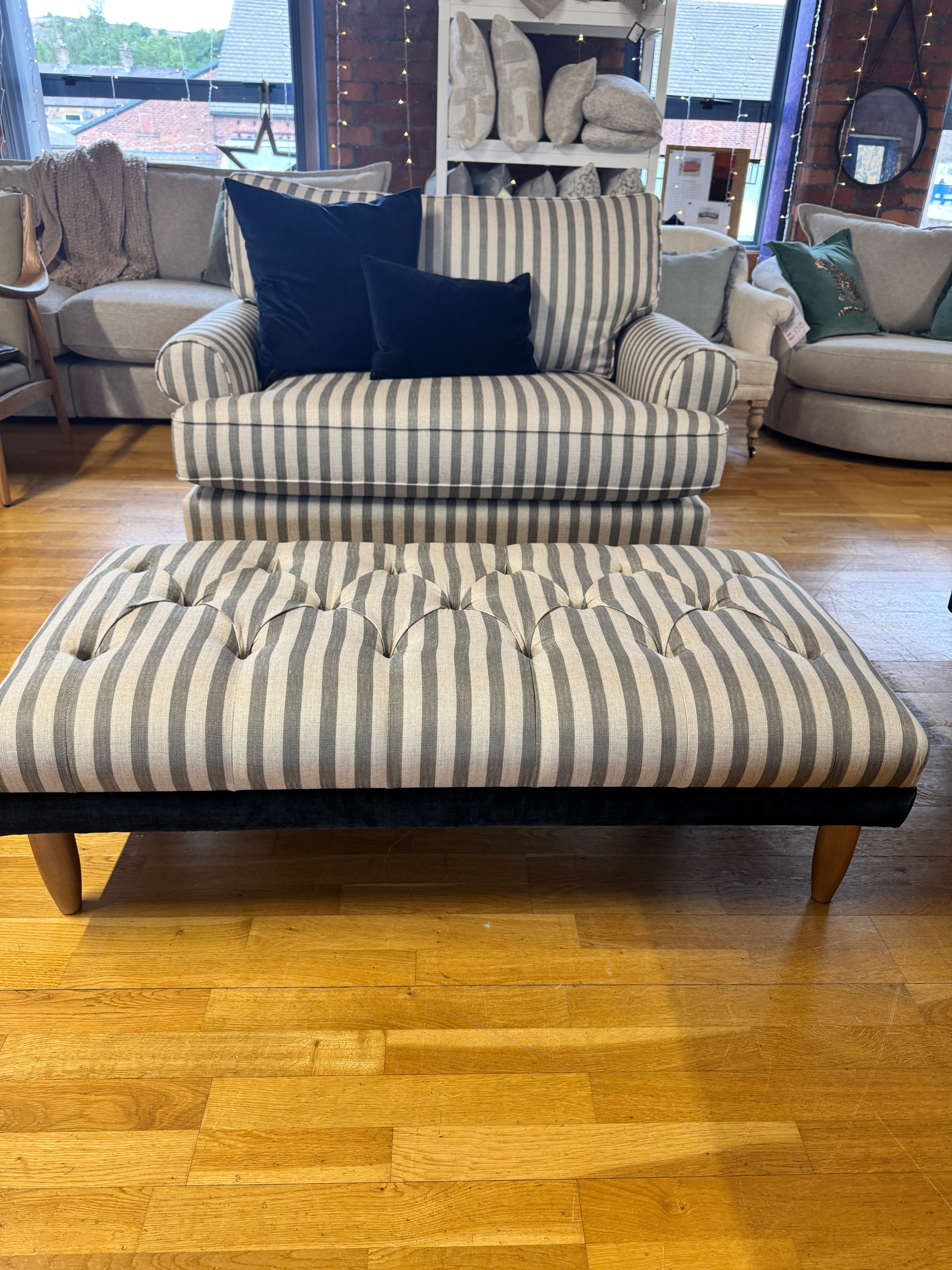 Finchley loveseat snuggle chair in linen mix grey stripe fabric