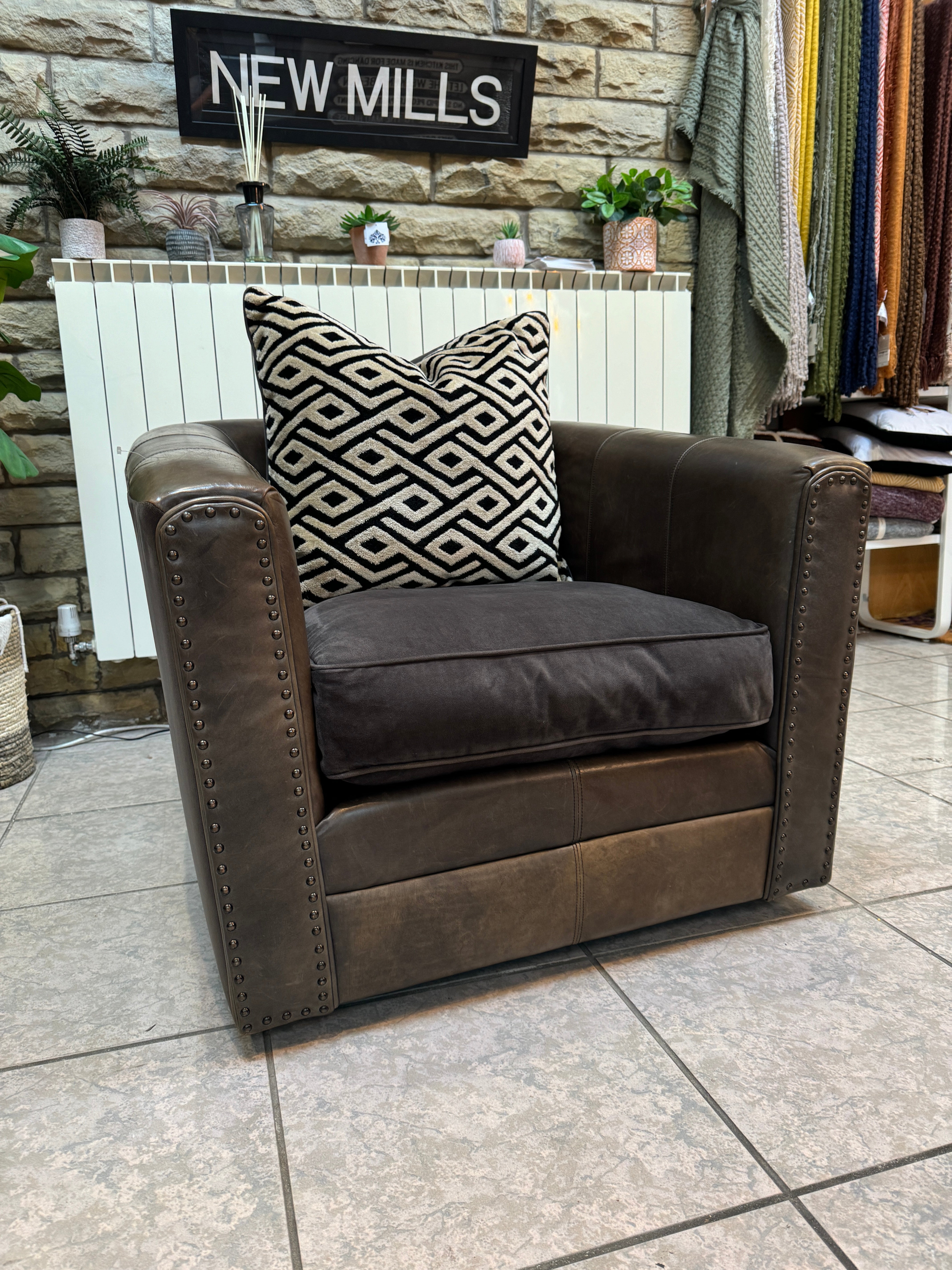 Glimmer swivel base accent tub chair in Cognac brown distressed leather & velvet