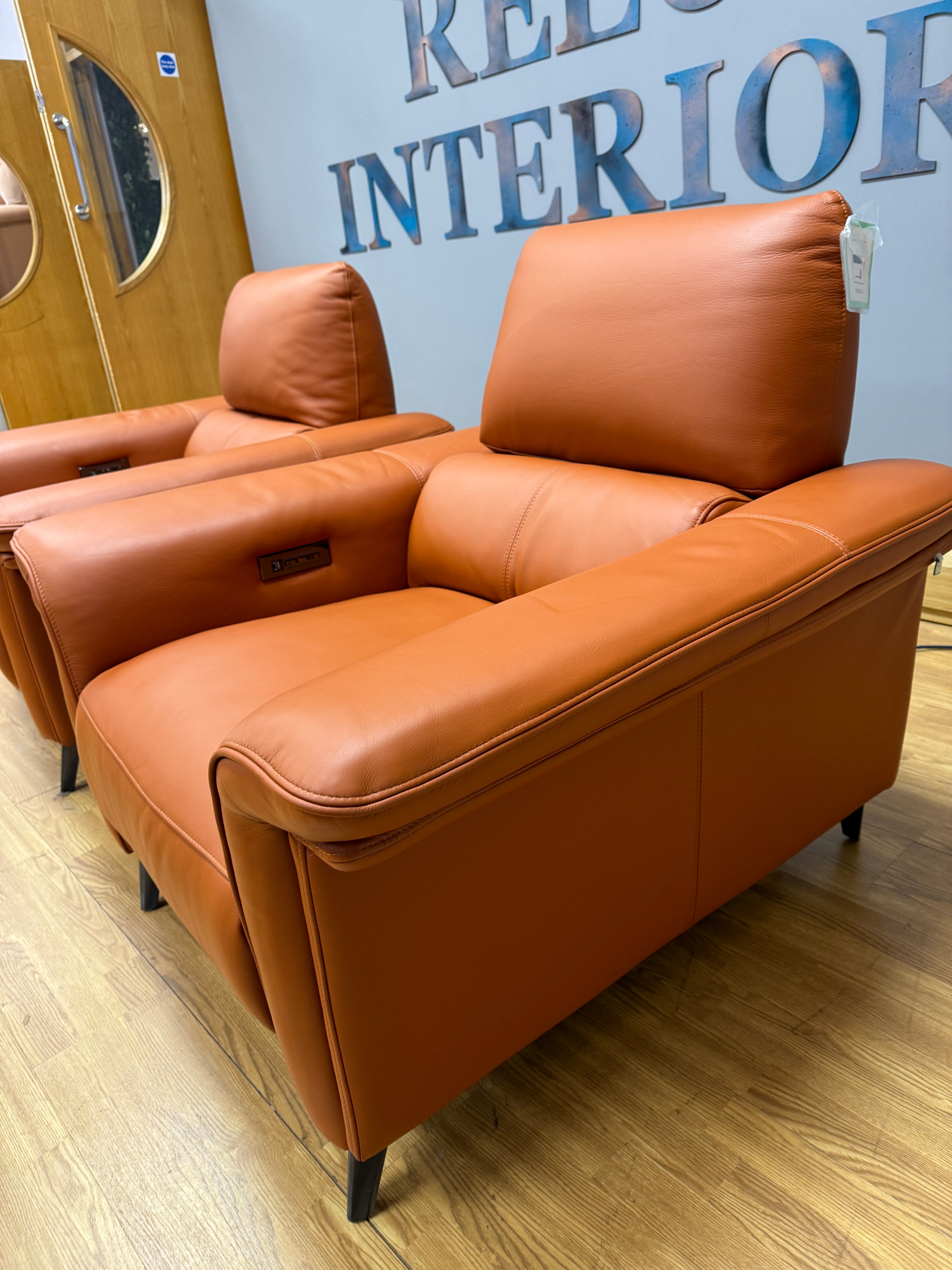 Domicil Huxley electric reclining armchair in full cognac tan brown leather