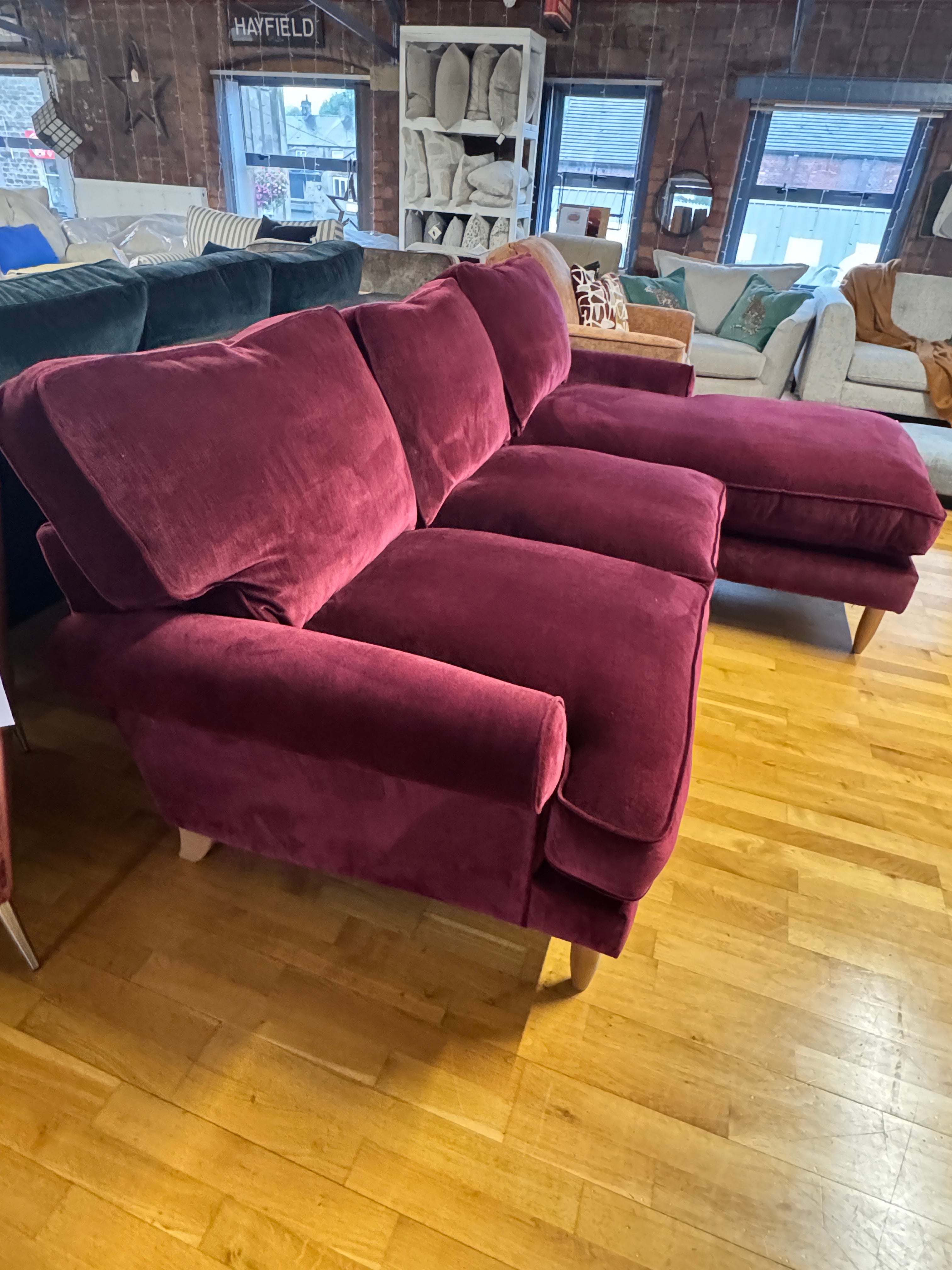 Finchley right facing 2 piece chaise sofa in Mulberry red chenille fabric