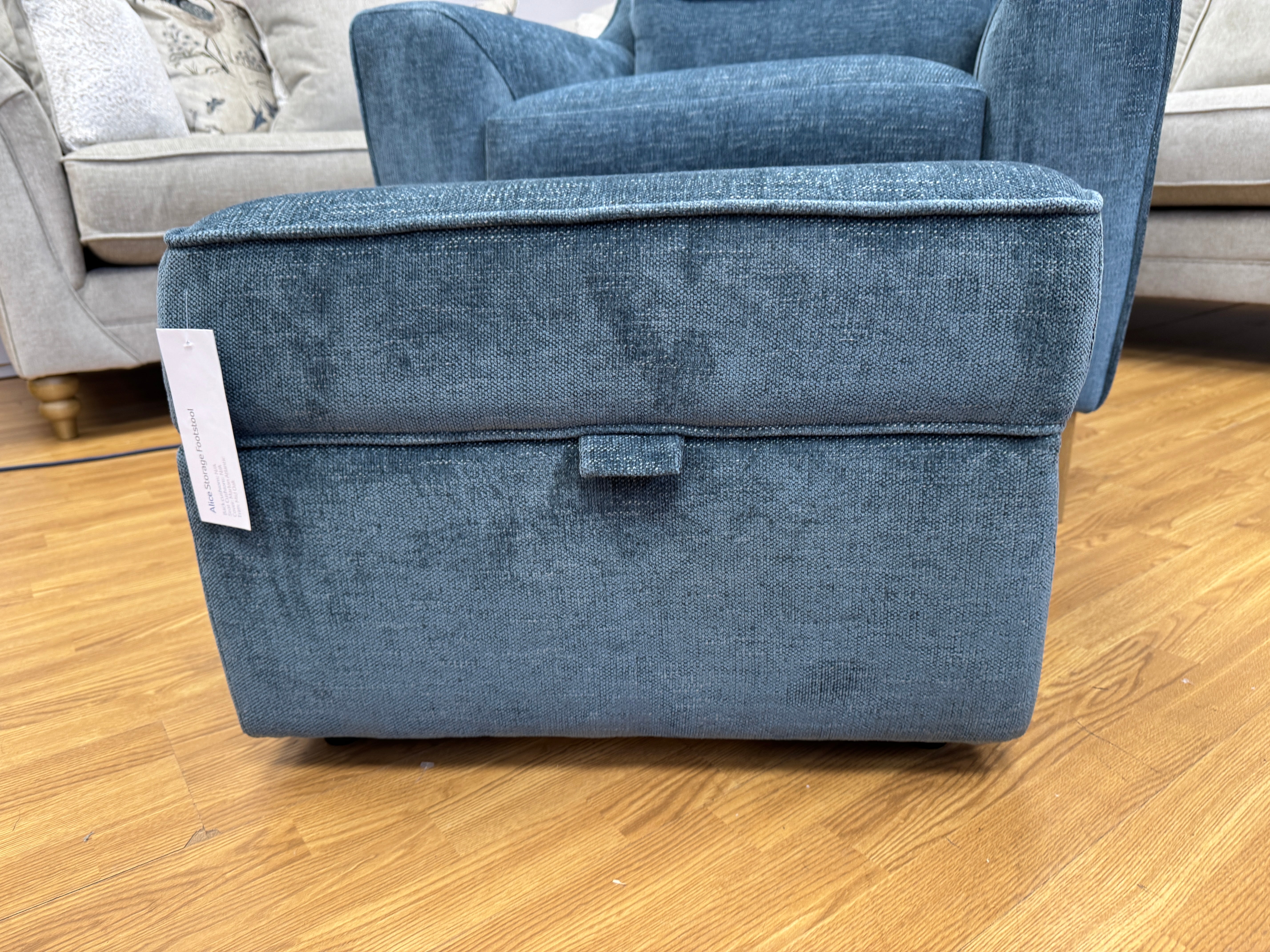 Small compact storage footstool in Marlon Atlantic blue fabric