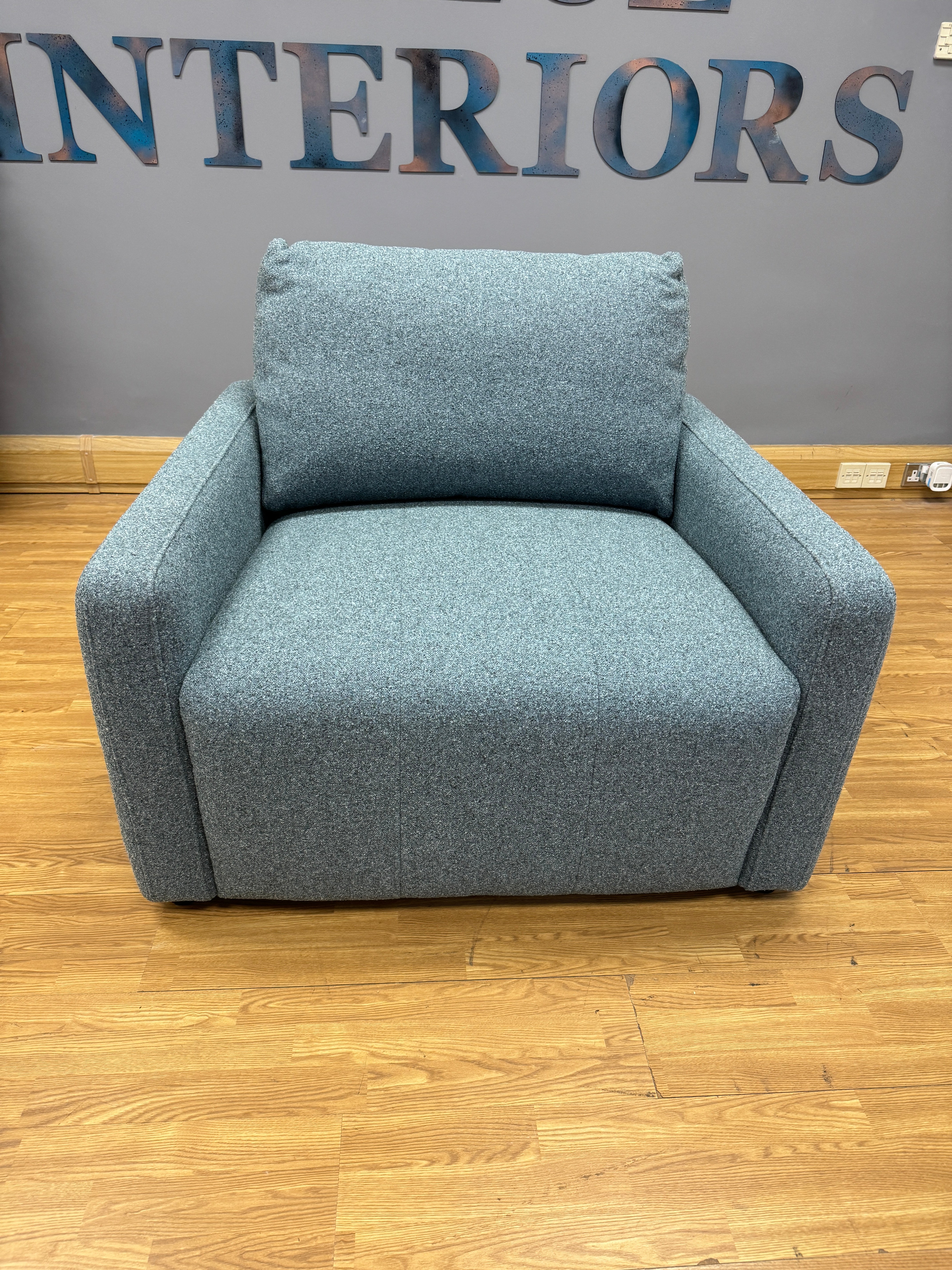 Morley by G Plan x Jay Blades swivel base large armchair in Denim blue tweed mix fabric