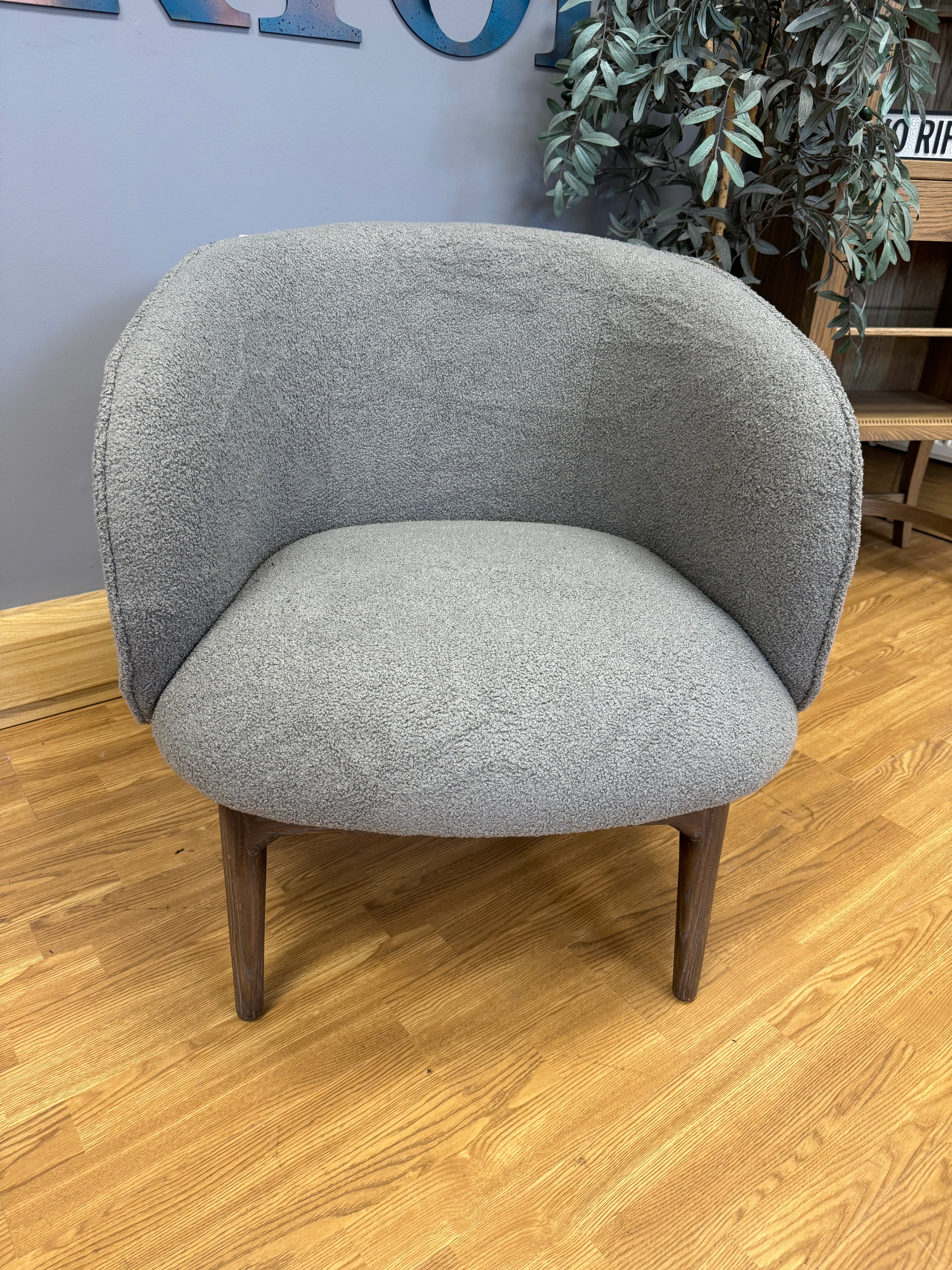 Flexure accent chair with grey boucle ash wooden frame