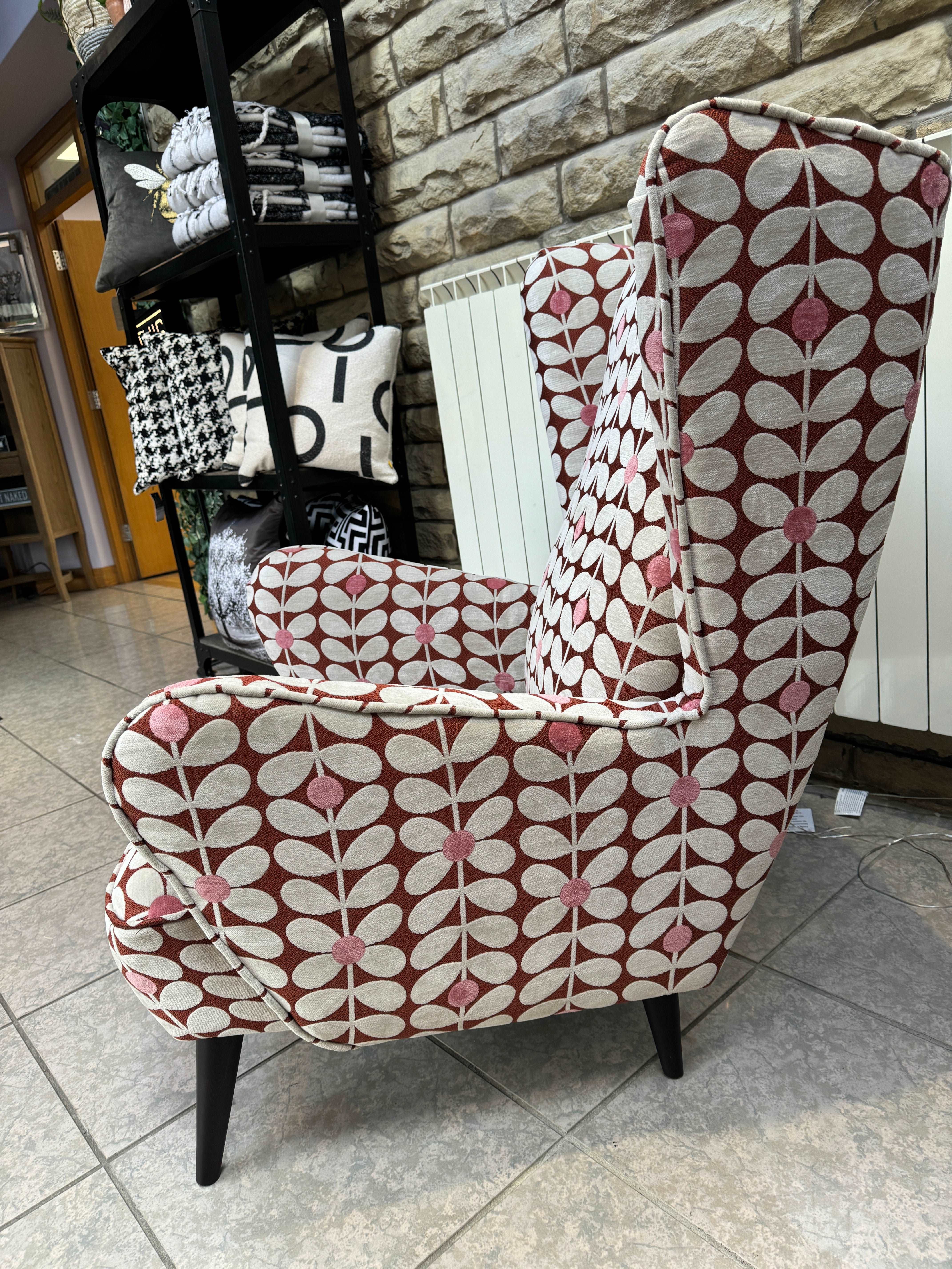 Alma large wingback armchair in Sixties retro stem fabric - RRP £1219