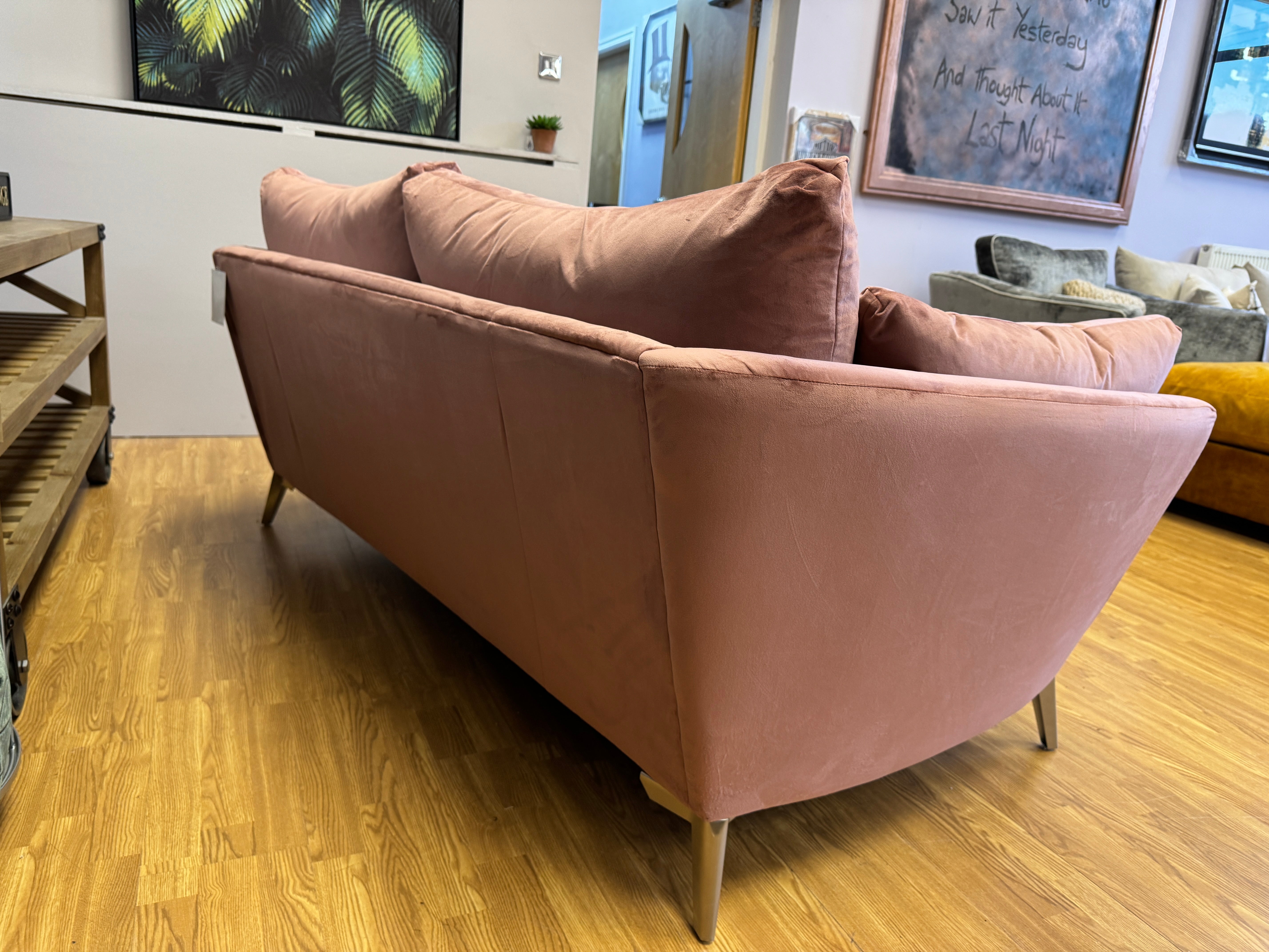 Elton curved sided large 3 seater sofa in Blush pink velvet fabric & matching footstool