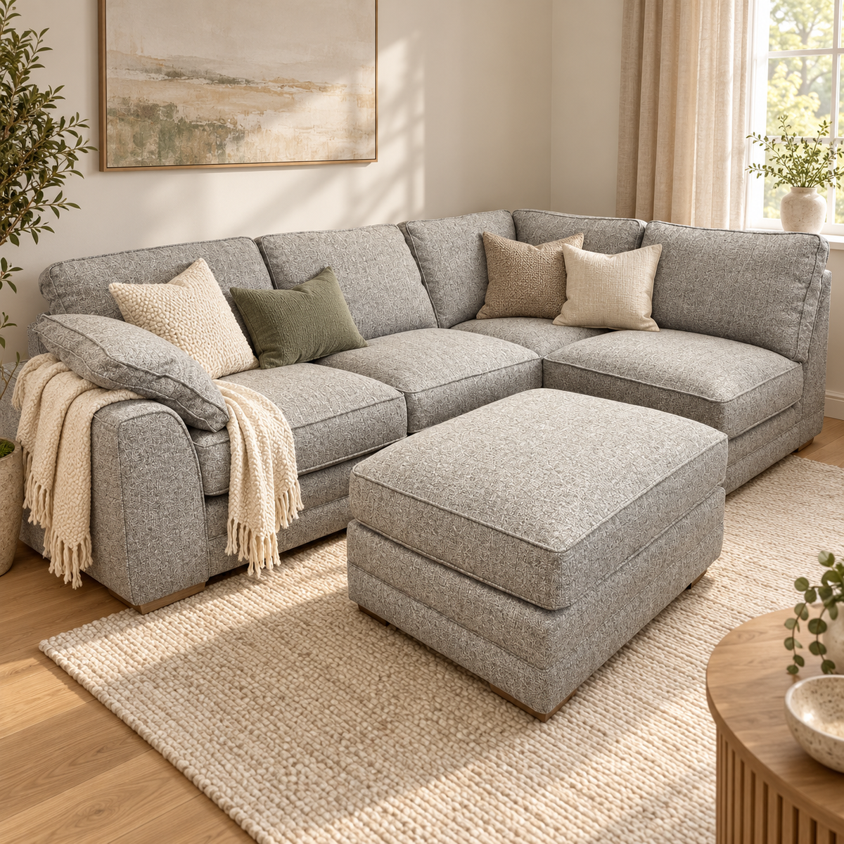 Proto right facing open corner sofa with footstool in Osaka Coppice fabric