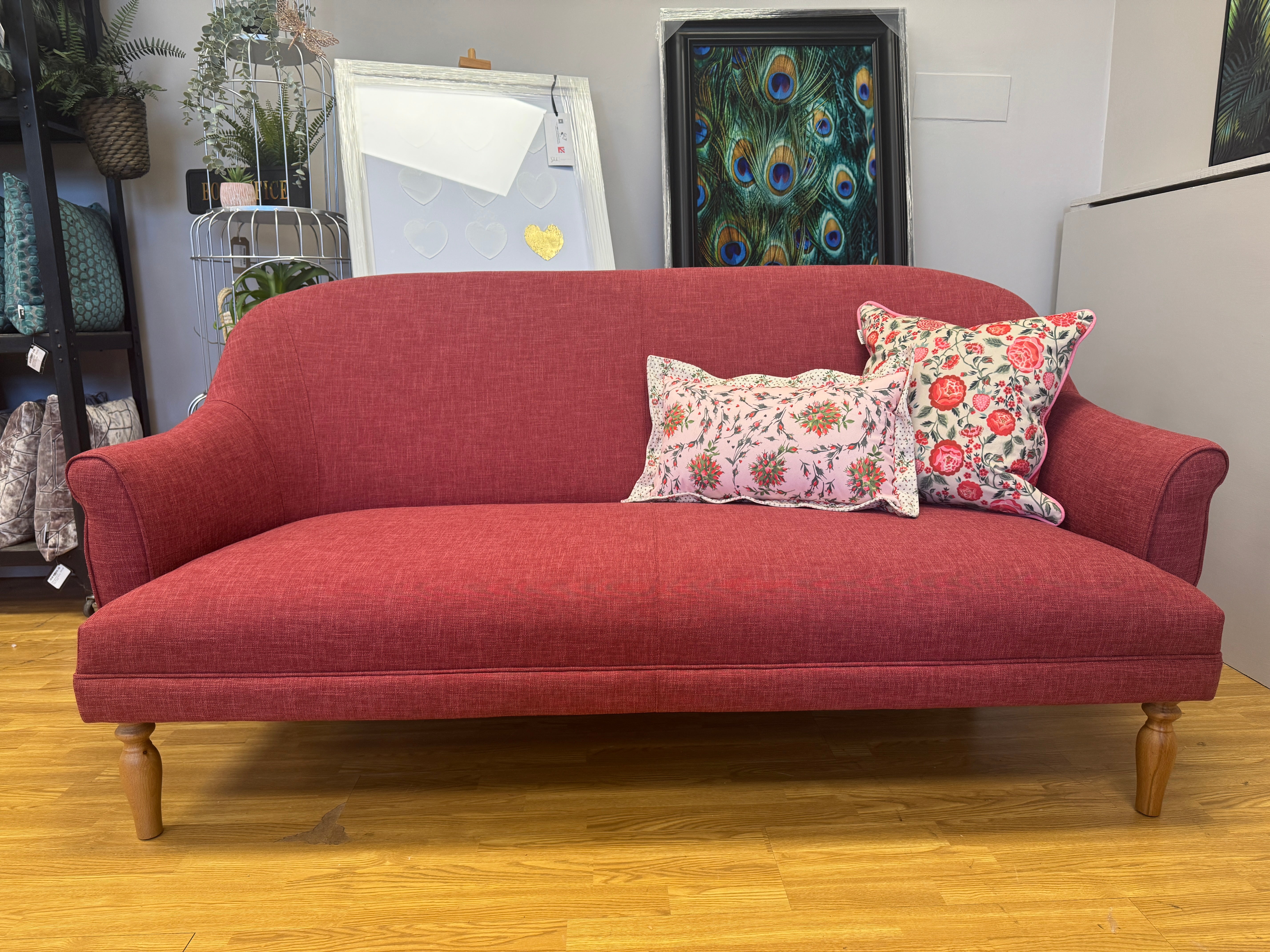 Souffle 3 seater sprung seat sofa in Raspberry red weave fabric