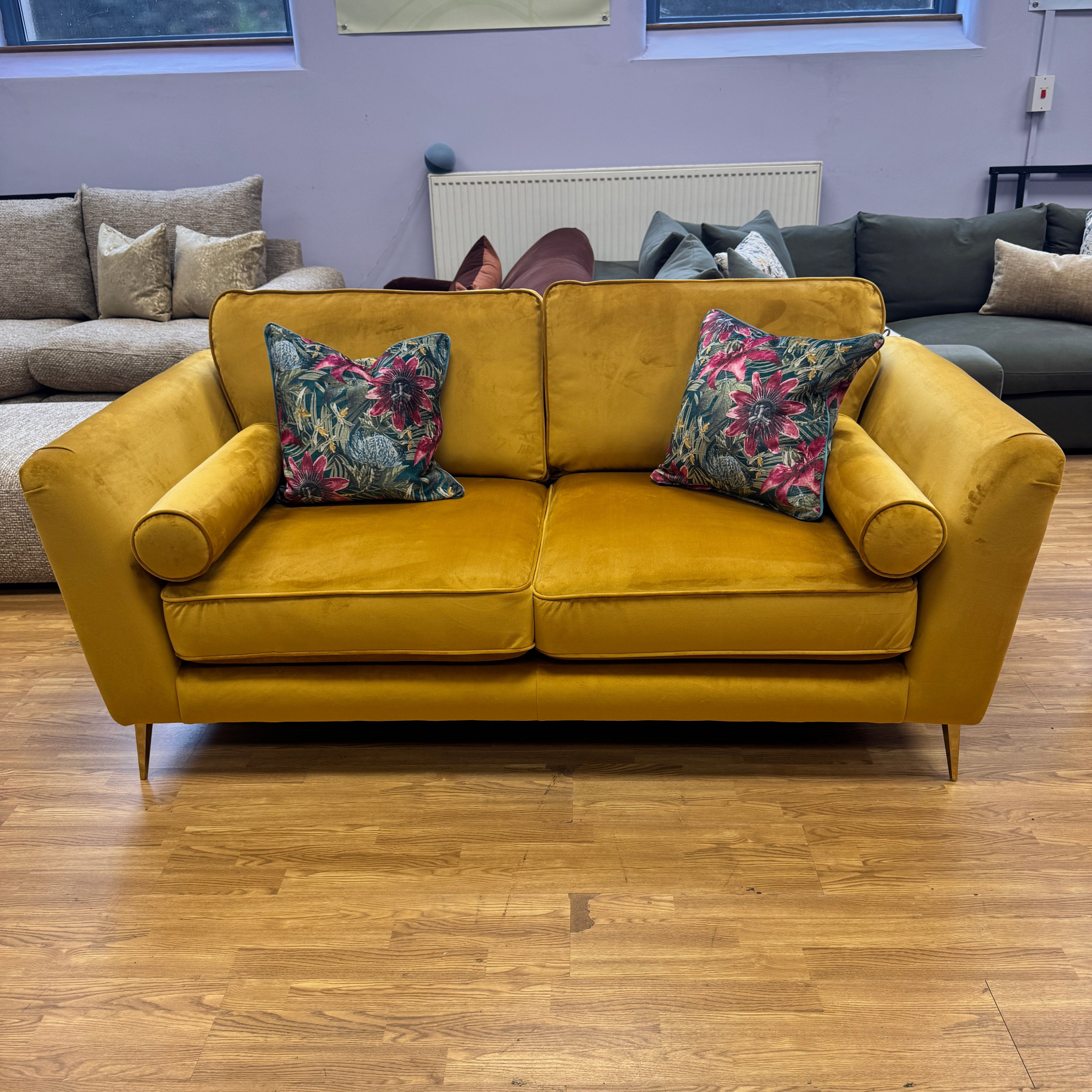 Show Stoppa 3 seater sofa with bolster cushions in amber gold velvet