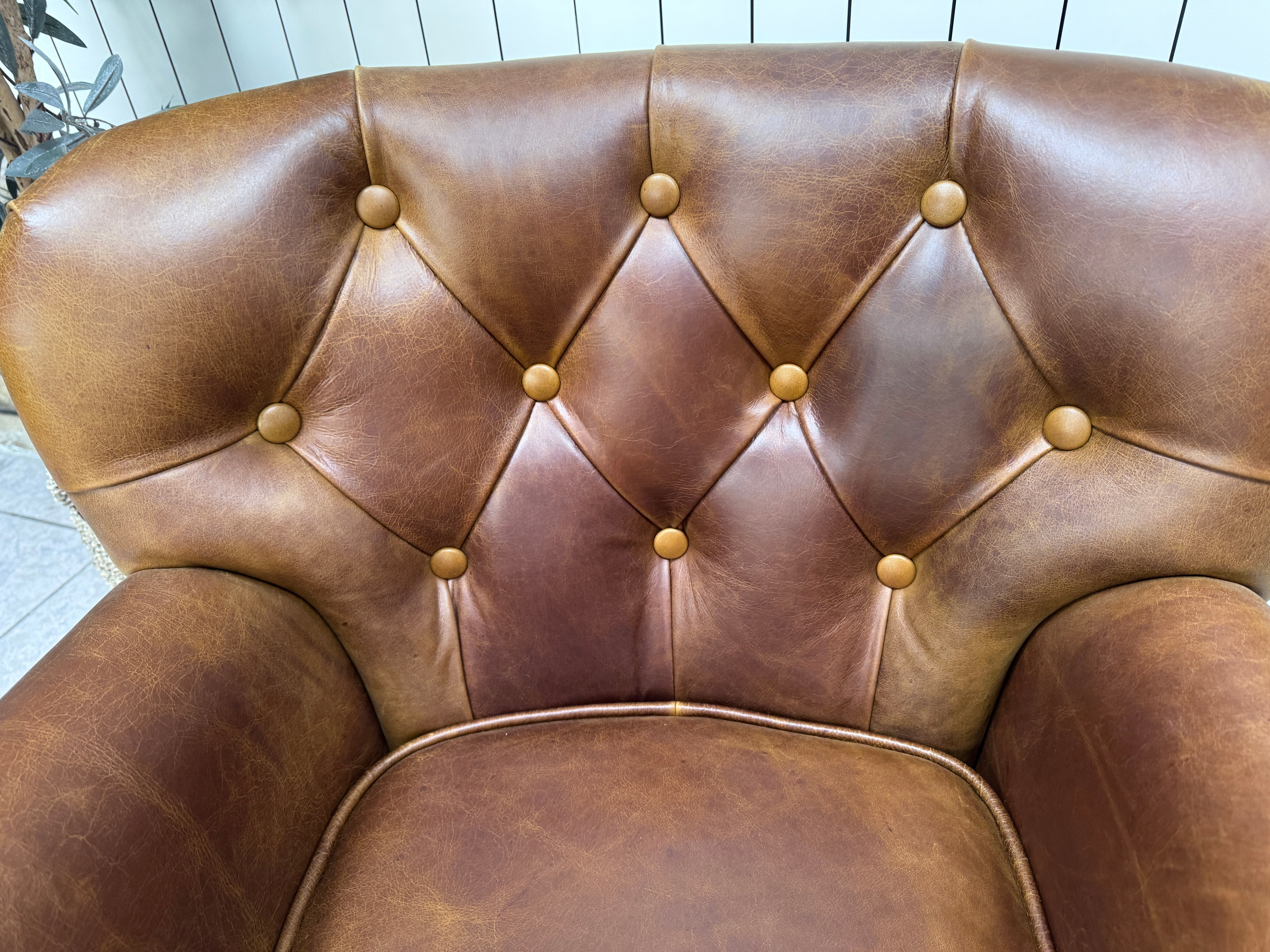 Governor accent chair in Whiskey brown leather with Harris Tweed reversible seat pad