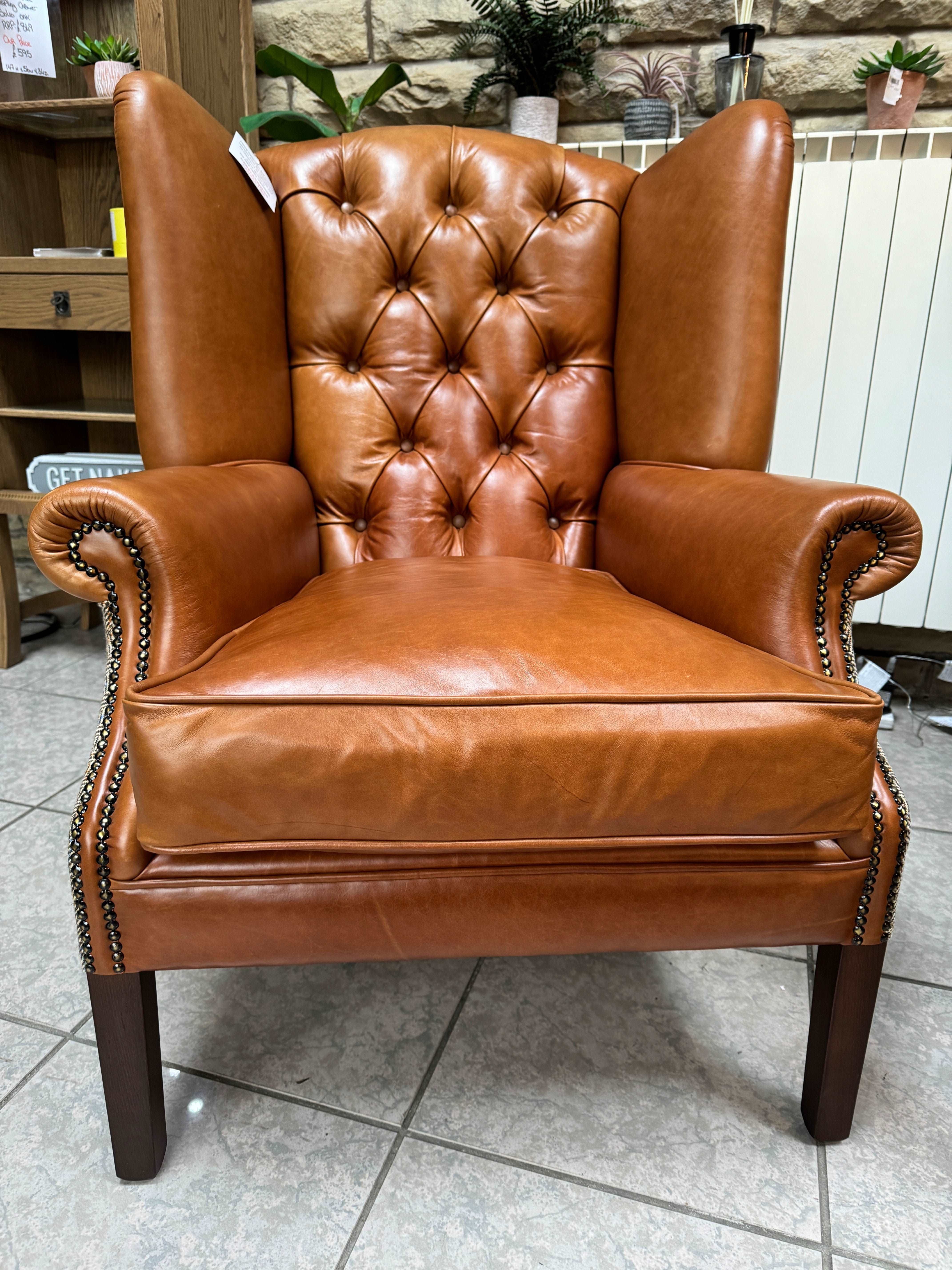 BUCKINGHAM Wing Armchair in Half Dark Caramel Leather & Harris Tweed fabric