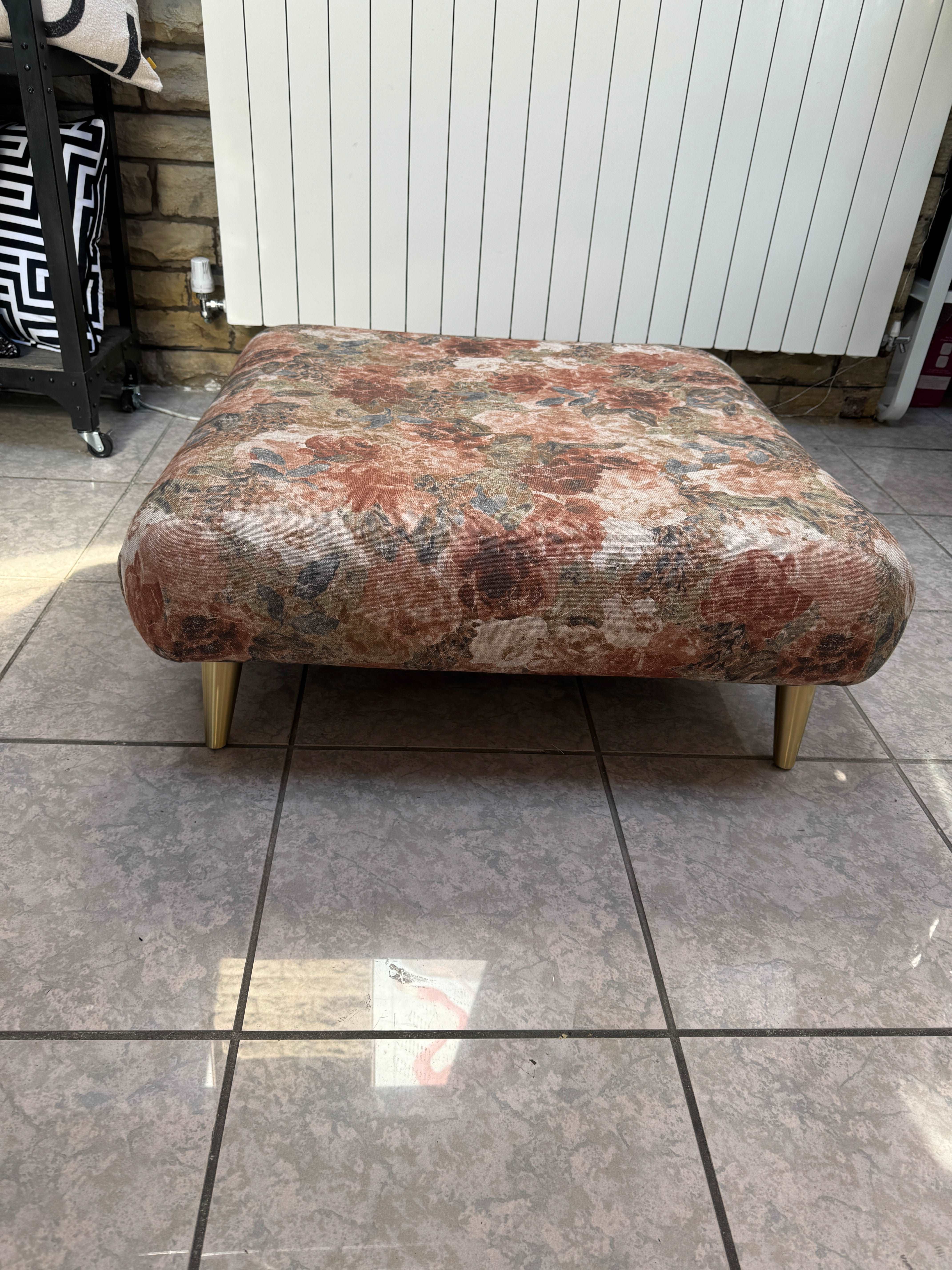 English Heritage Rosa floral square low footstool in Rosa pink fabric RRP £489