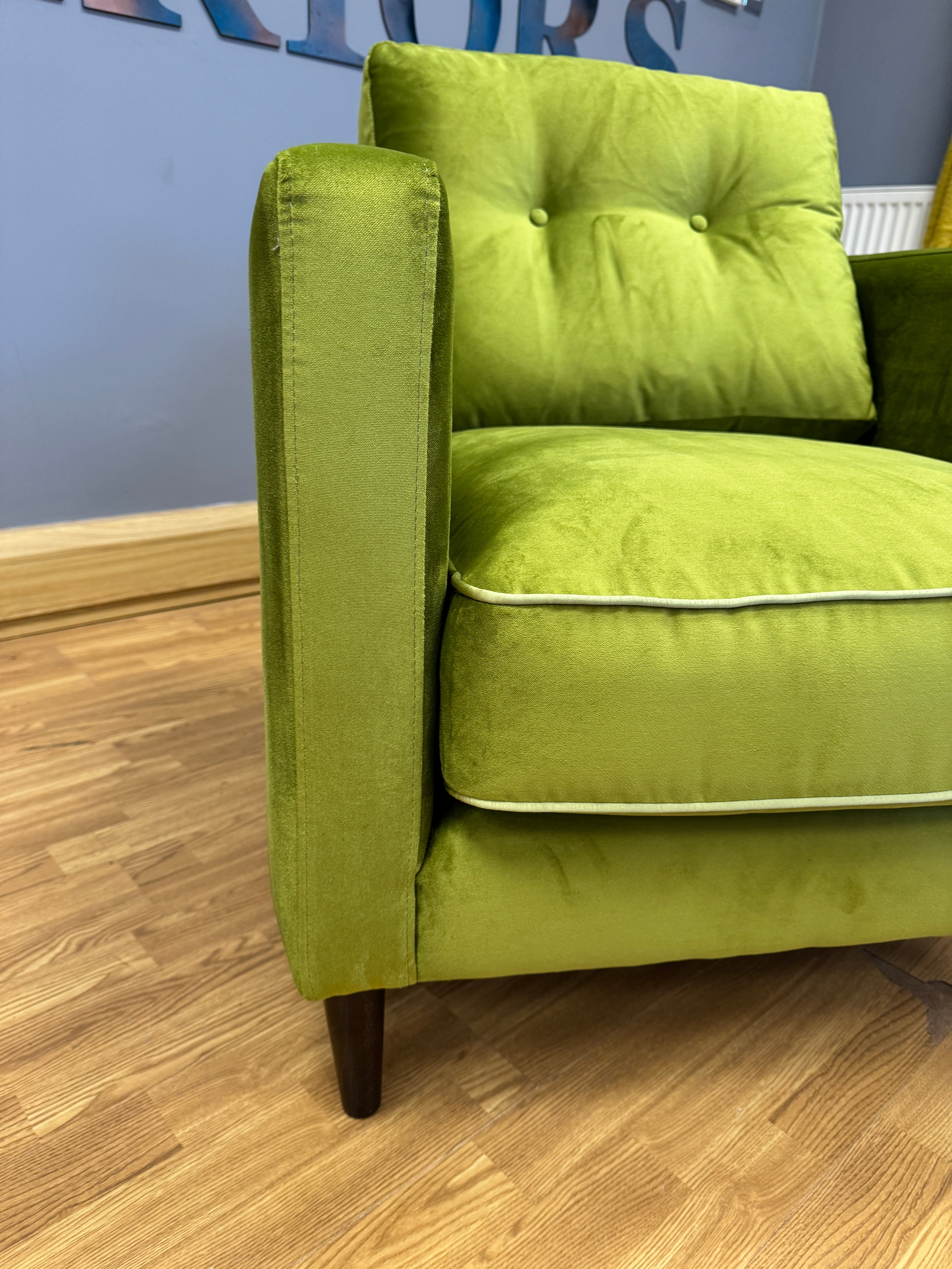 Orla Kiely Sample accent chair in lime green velvet fabric