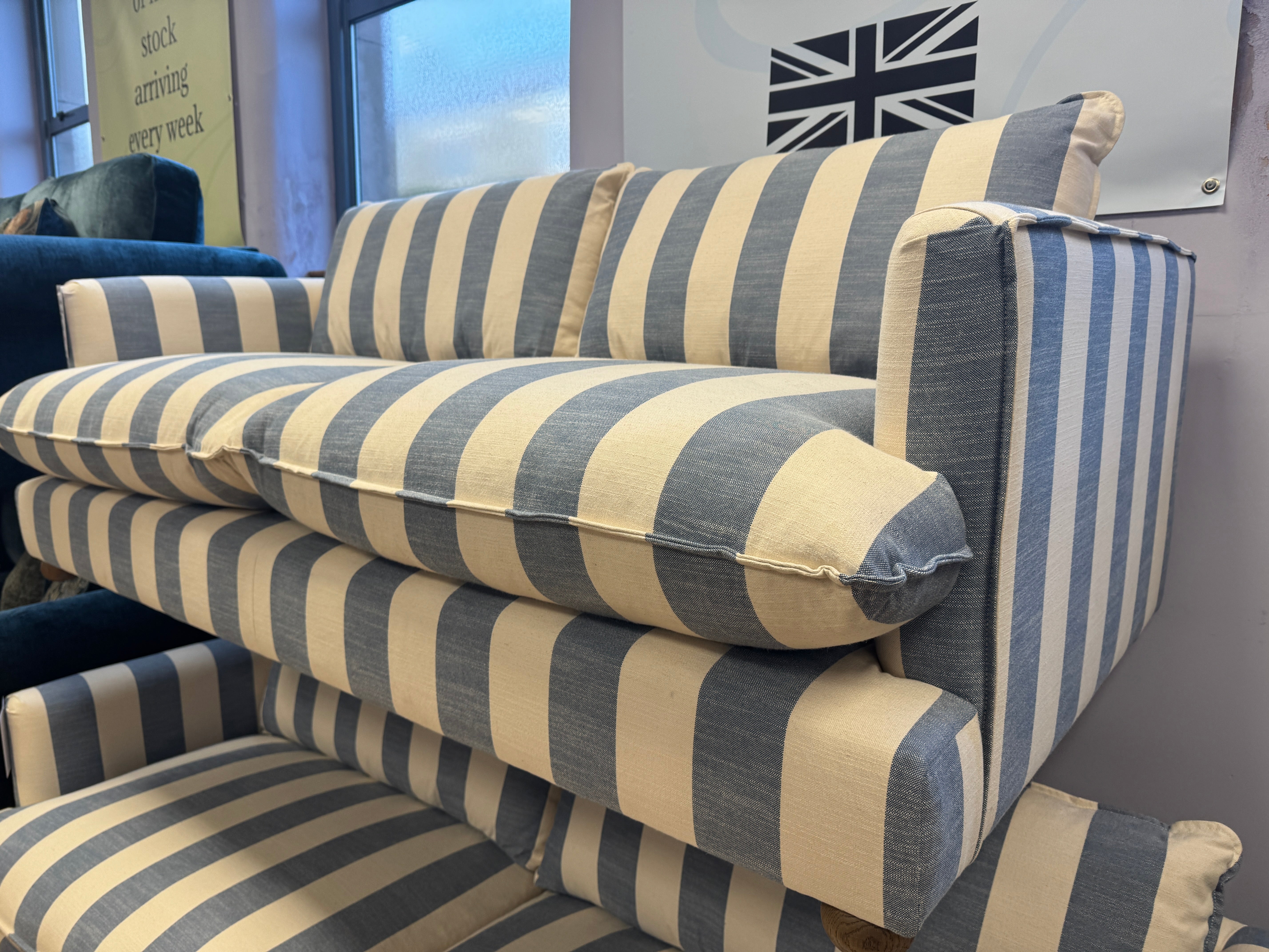 Howard 4 seater sofa in denim blue & white stripe fabric