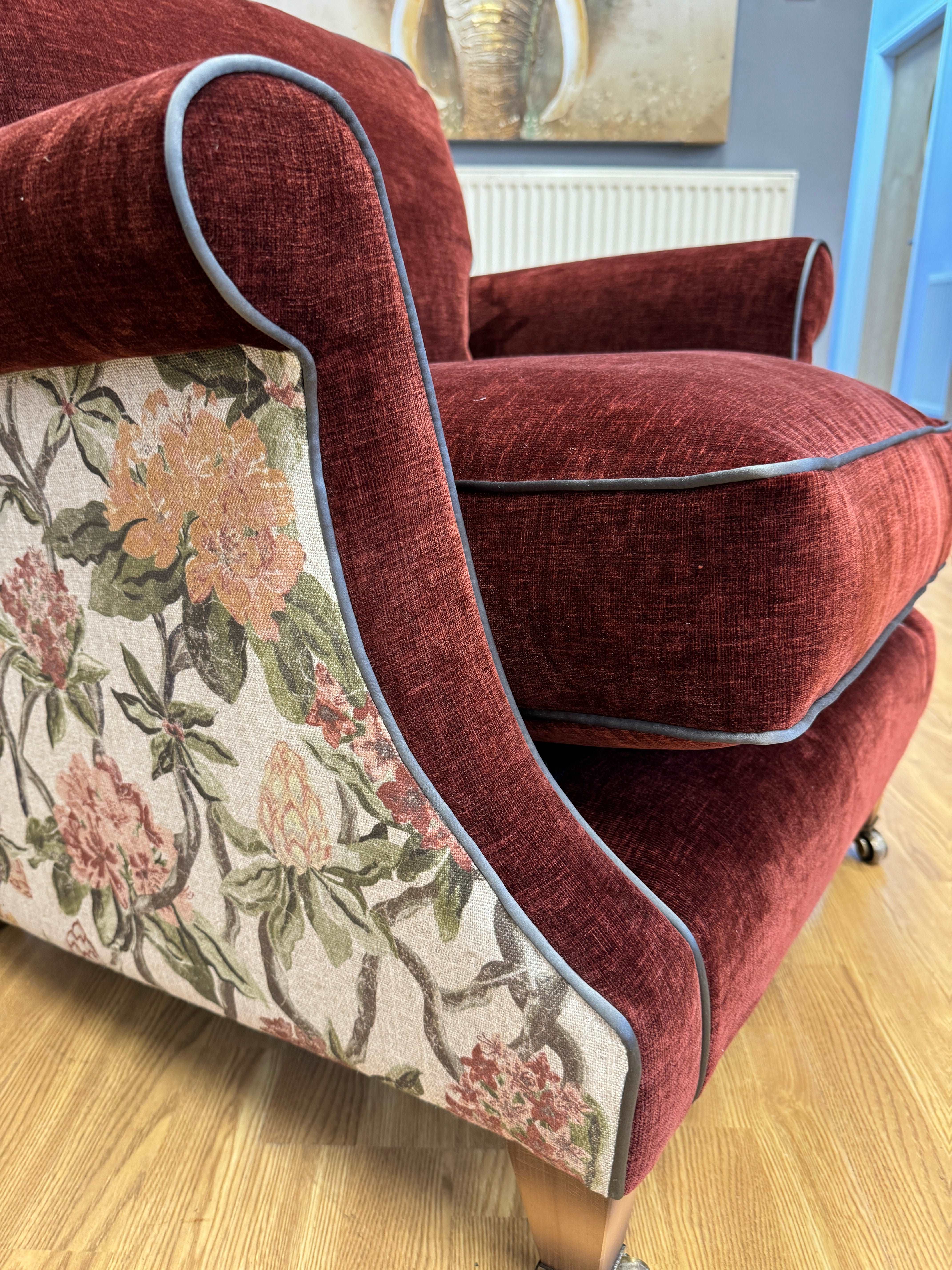 English Heritage Quarry accent chair in Garnet distressed chenille & linen floral outer cover