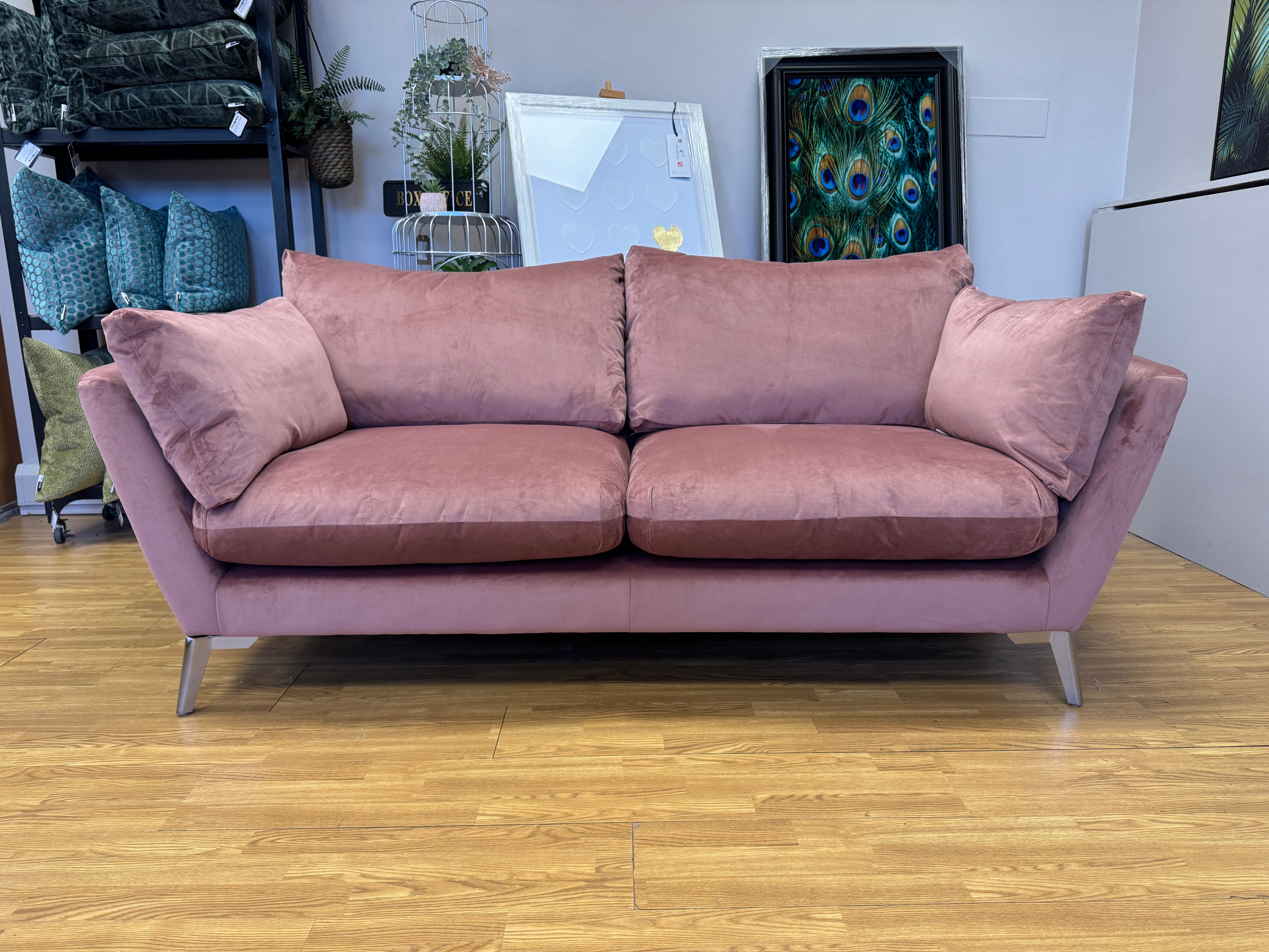 Elton curved sided large 3 seater sofa in Blush pink velvet fabric & matching footstool
