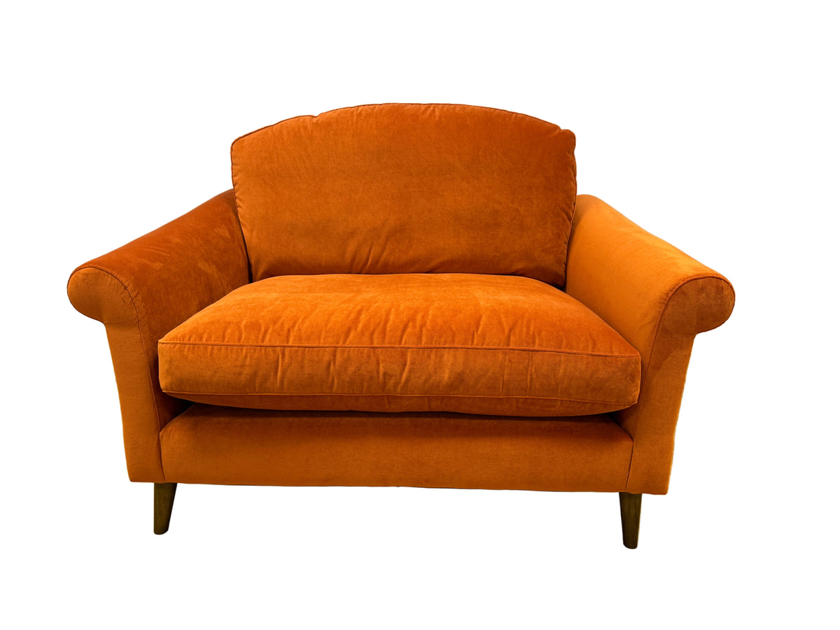 Orange Reece Oskar large loveseat in plush Marmalade orange velvet fabric