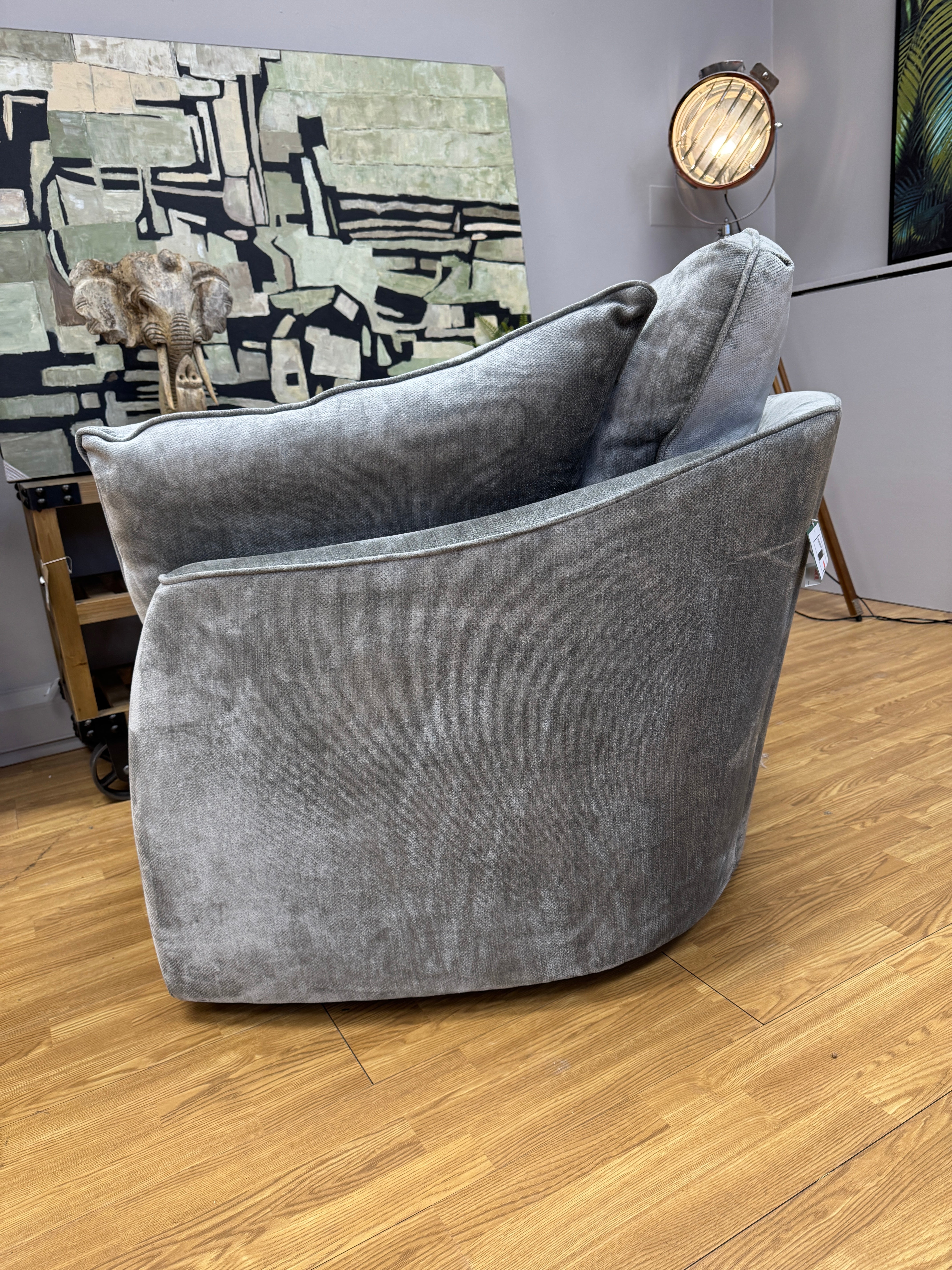 Borelly round cushion back swivel chair in grey velvet fabric