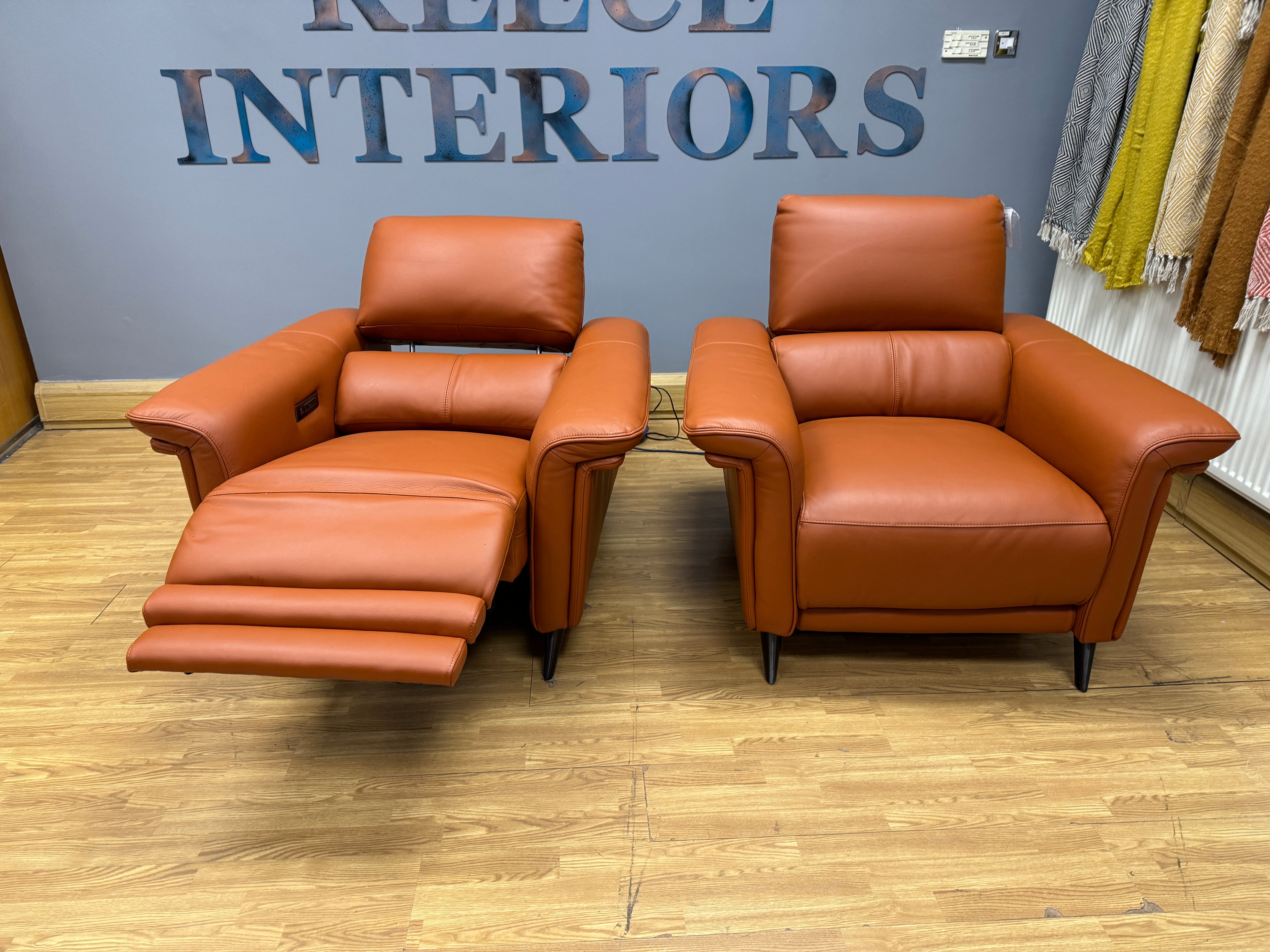 Domicil Huxley electric reclining armchair in full cognac tan brown leather