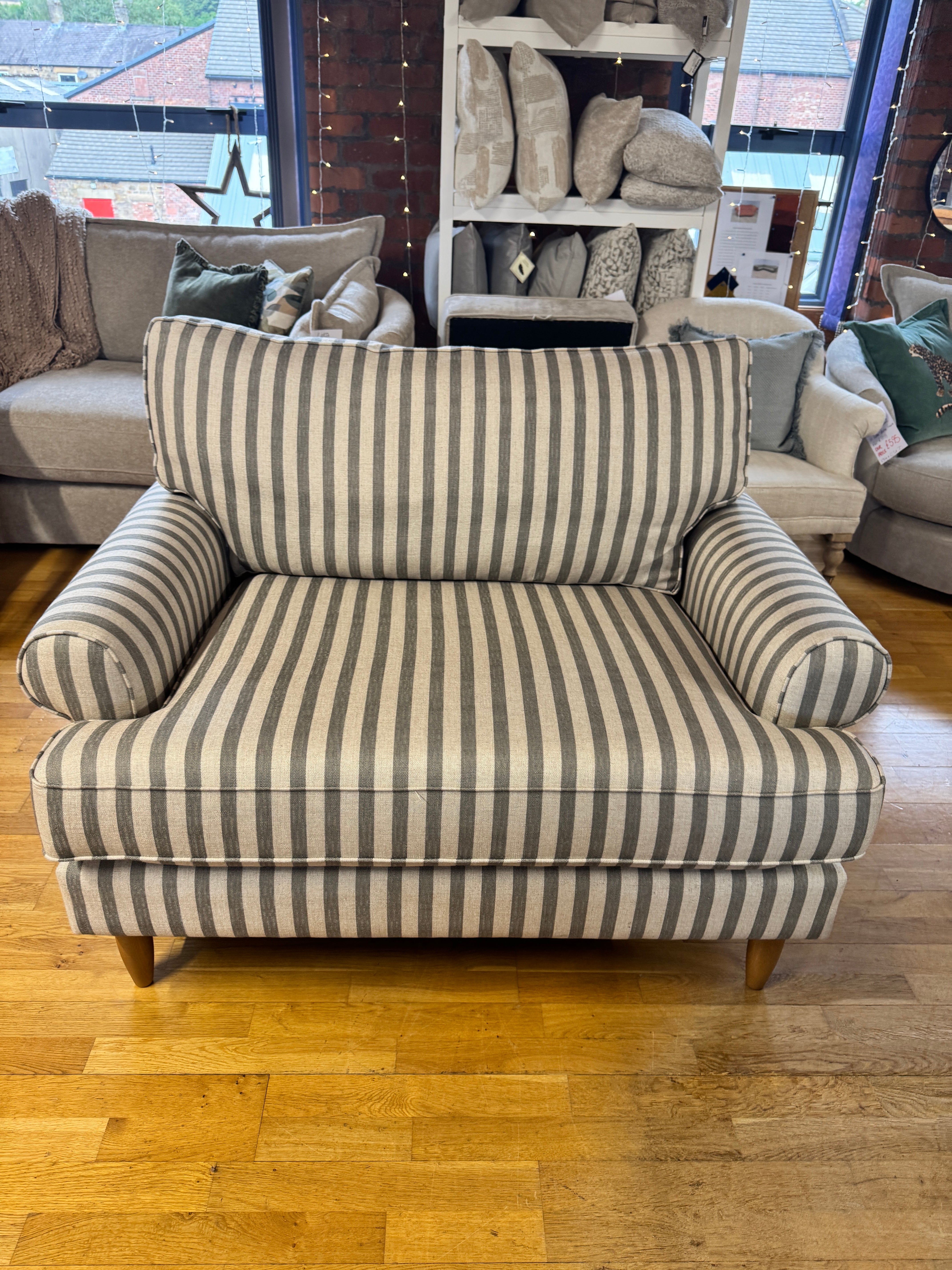 Finchley loveseat snuggle chair in linen mix grey stripe fabric