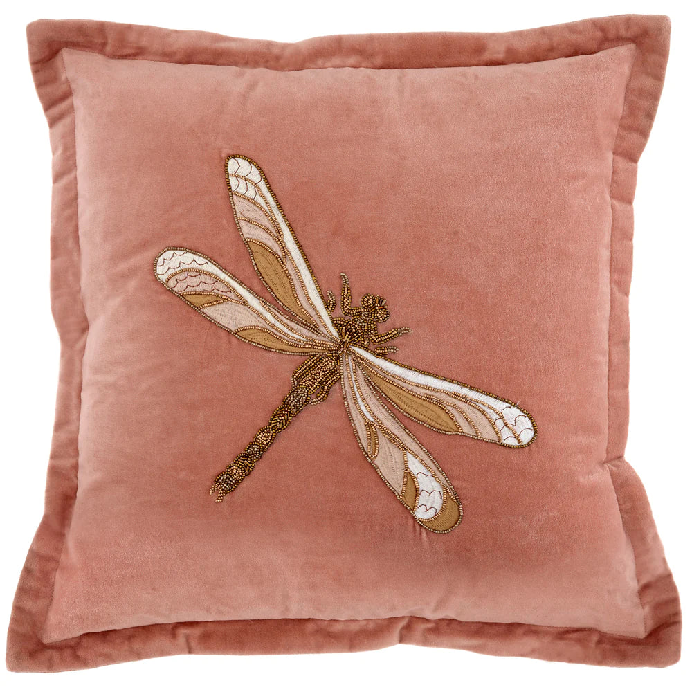 Aria Embroidered Dragonfly feather Cushion 50cm x 50cm Pink