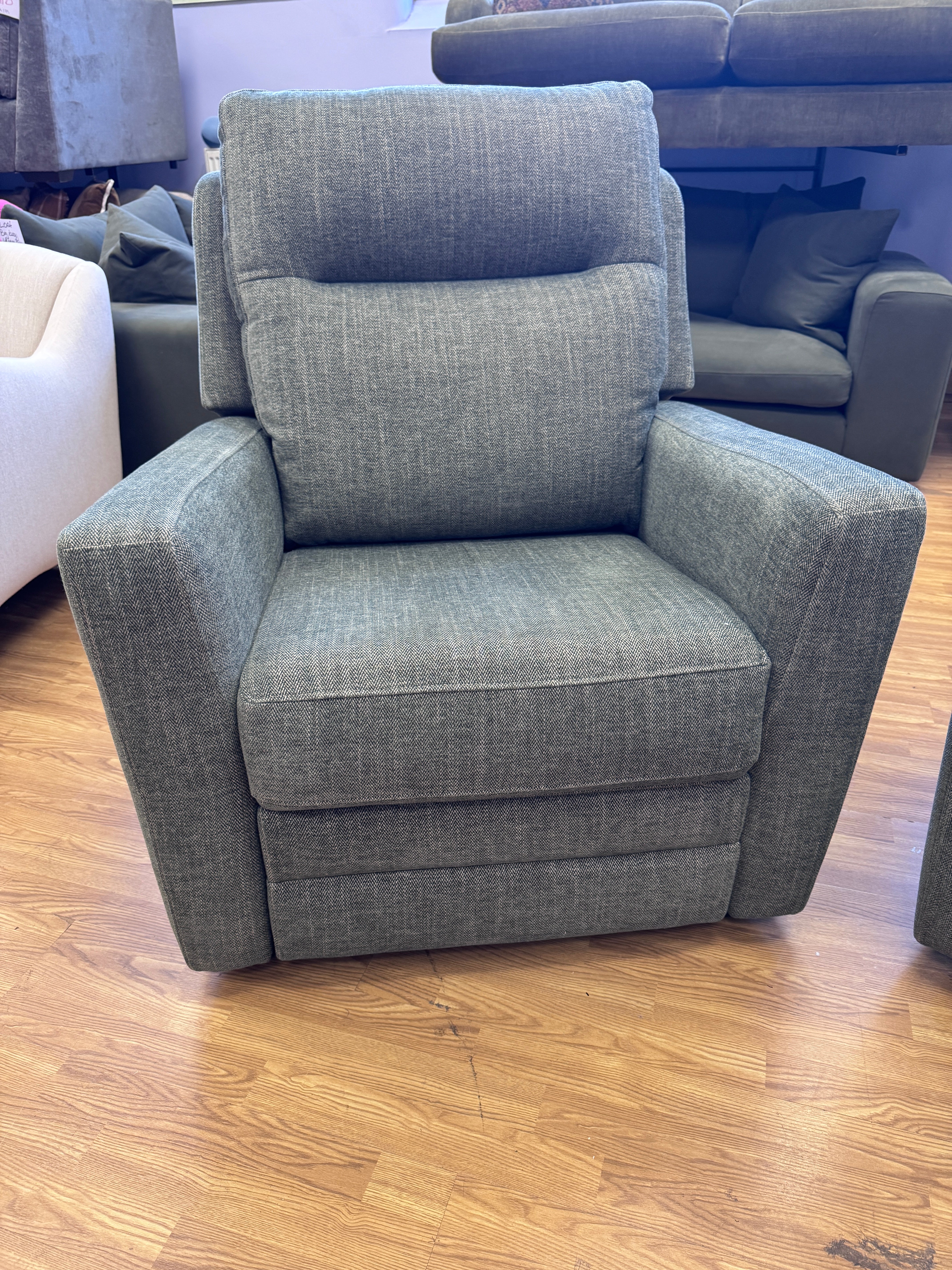 Parker Knoll Chicago electric reclining armchair with lumbar support in Green herringbone fabric
