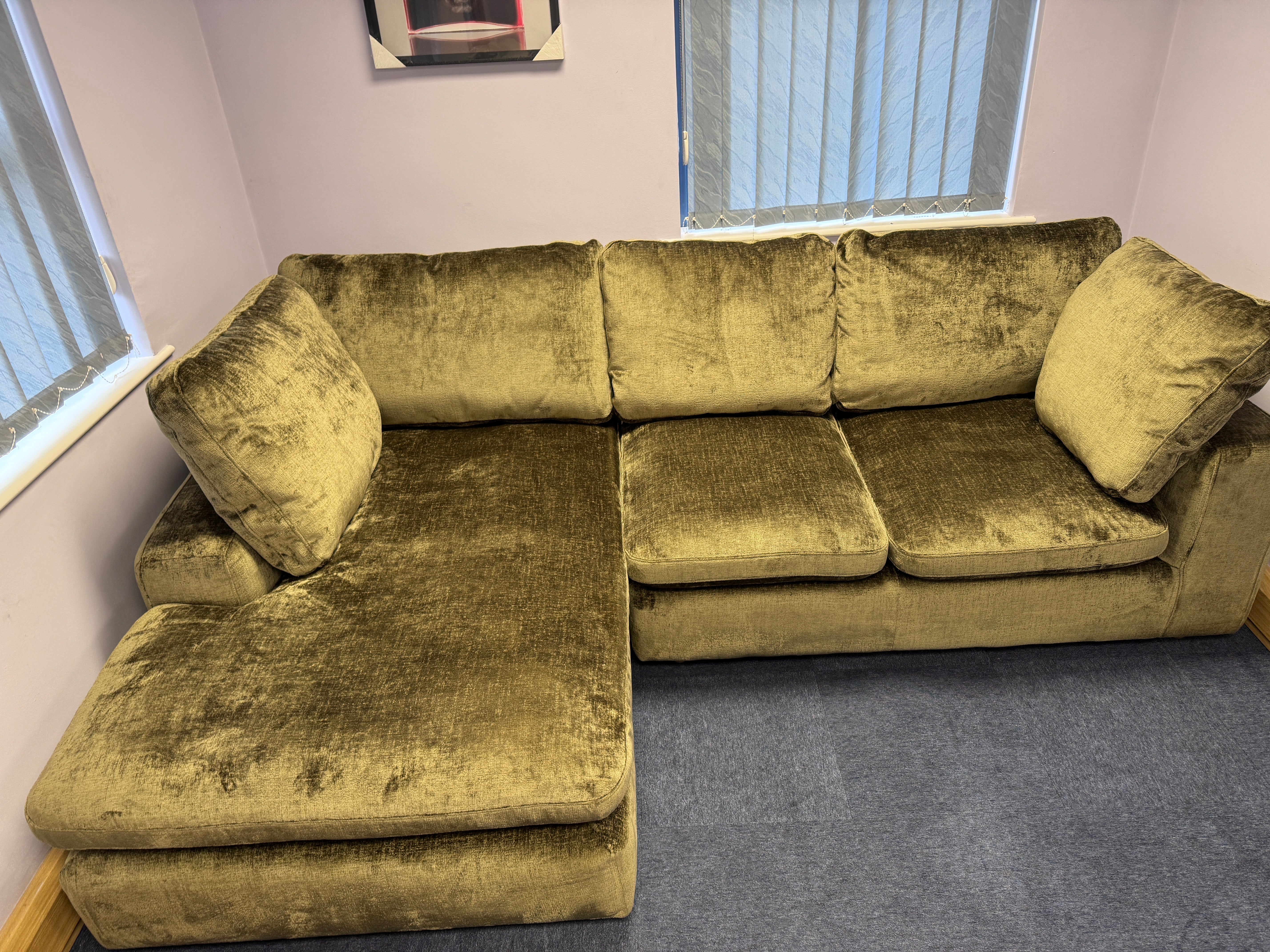 Next Premium the Snuggle left facing 2 piece deep corner sofa in Moss chunky chenille