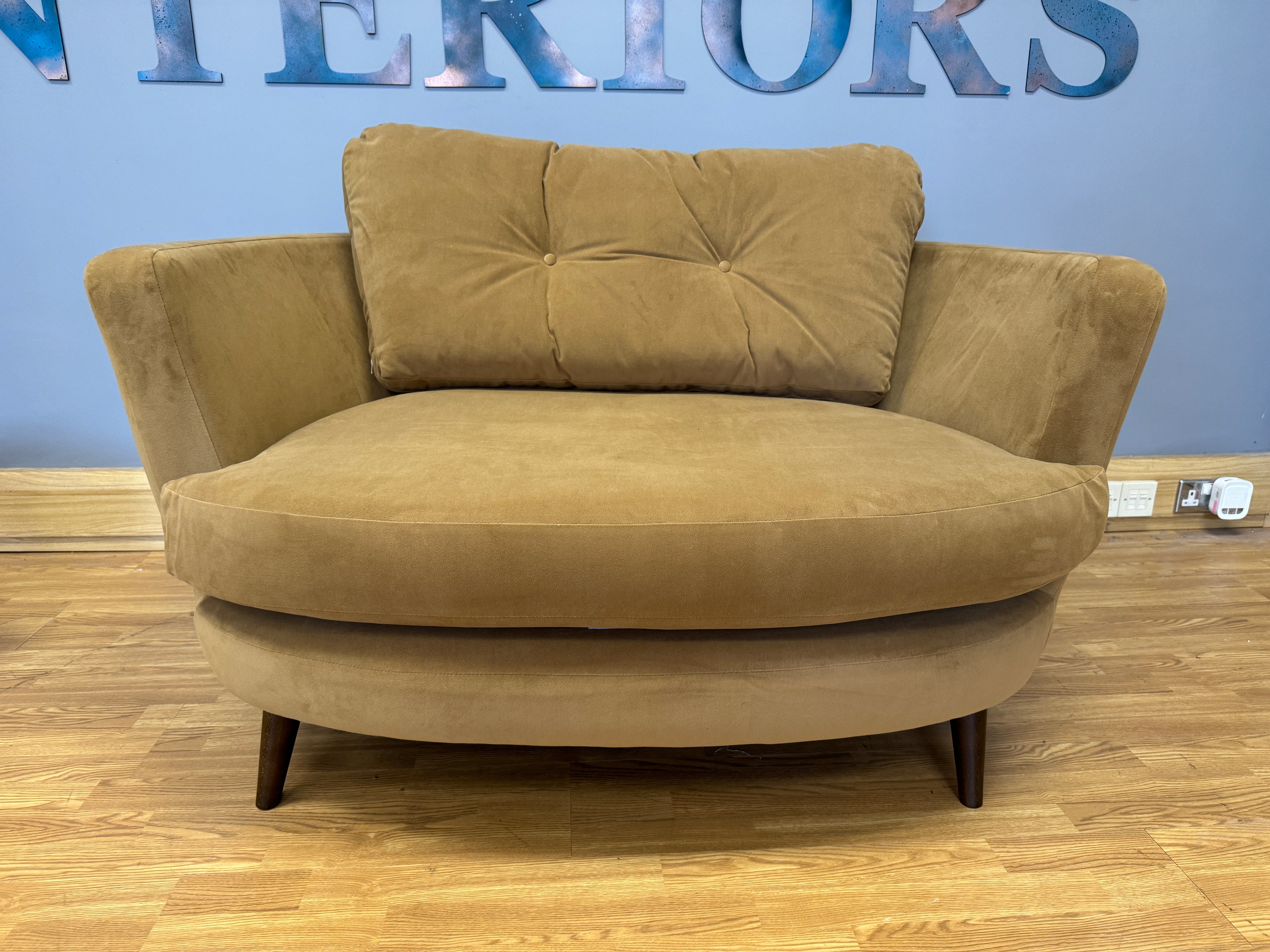 Lisbon oval loveseat snuggle chair & matching crescent footstool both in fudge velvet