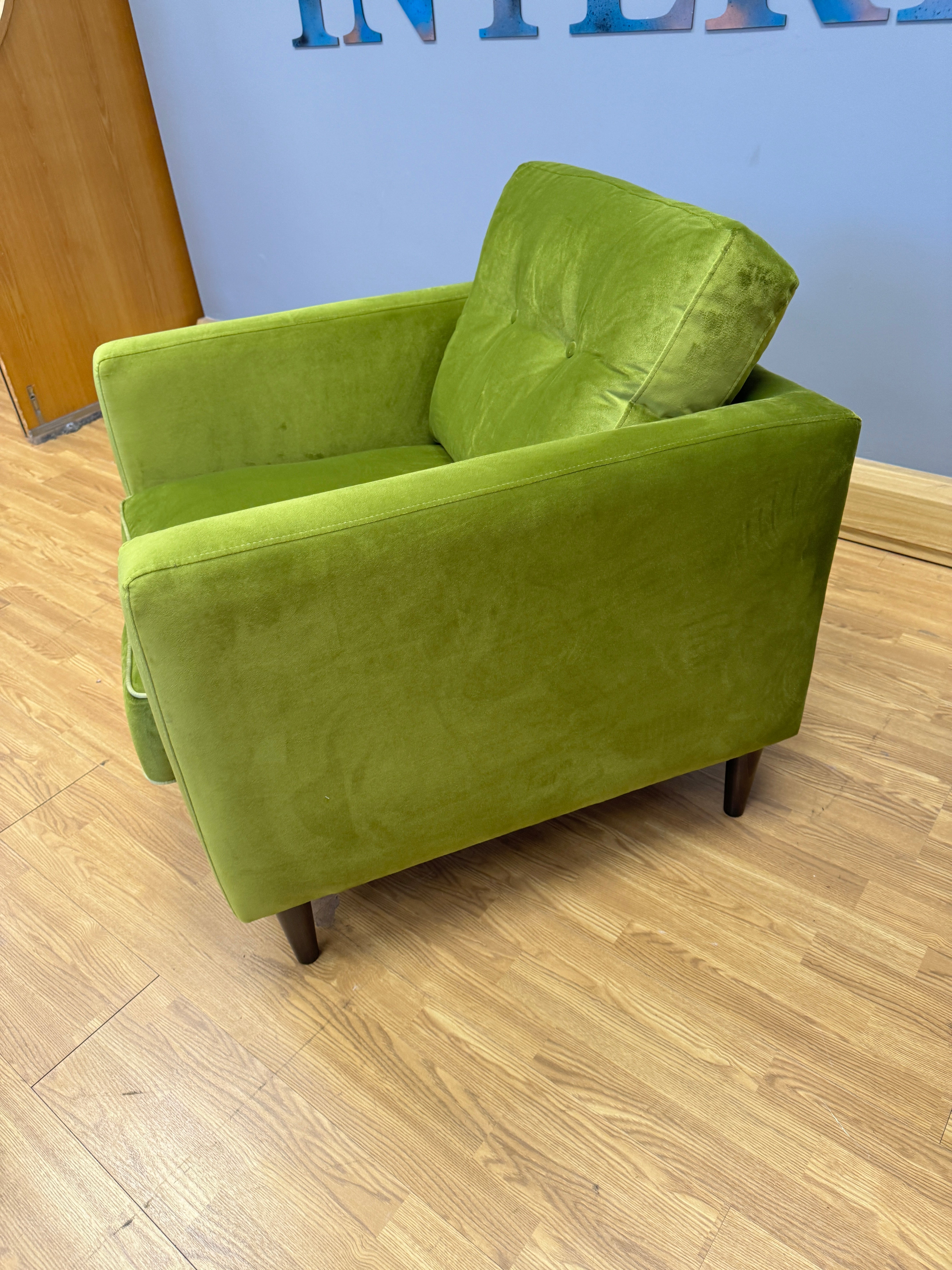 Orla Kiely Sample accent chair in lime green velvet fabric