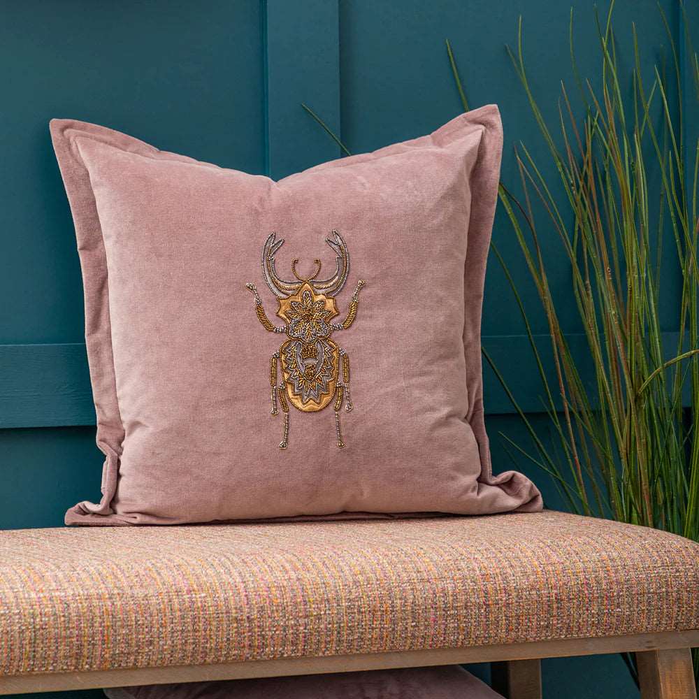 Bellatrix Embroidered Beetle feather Cushion 50cm x 50cm Heather