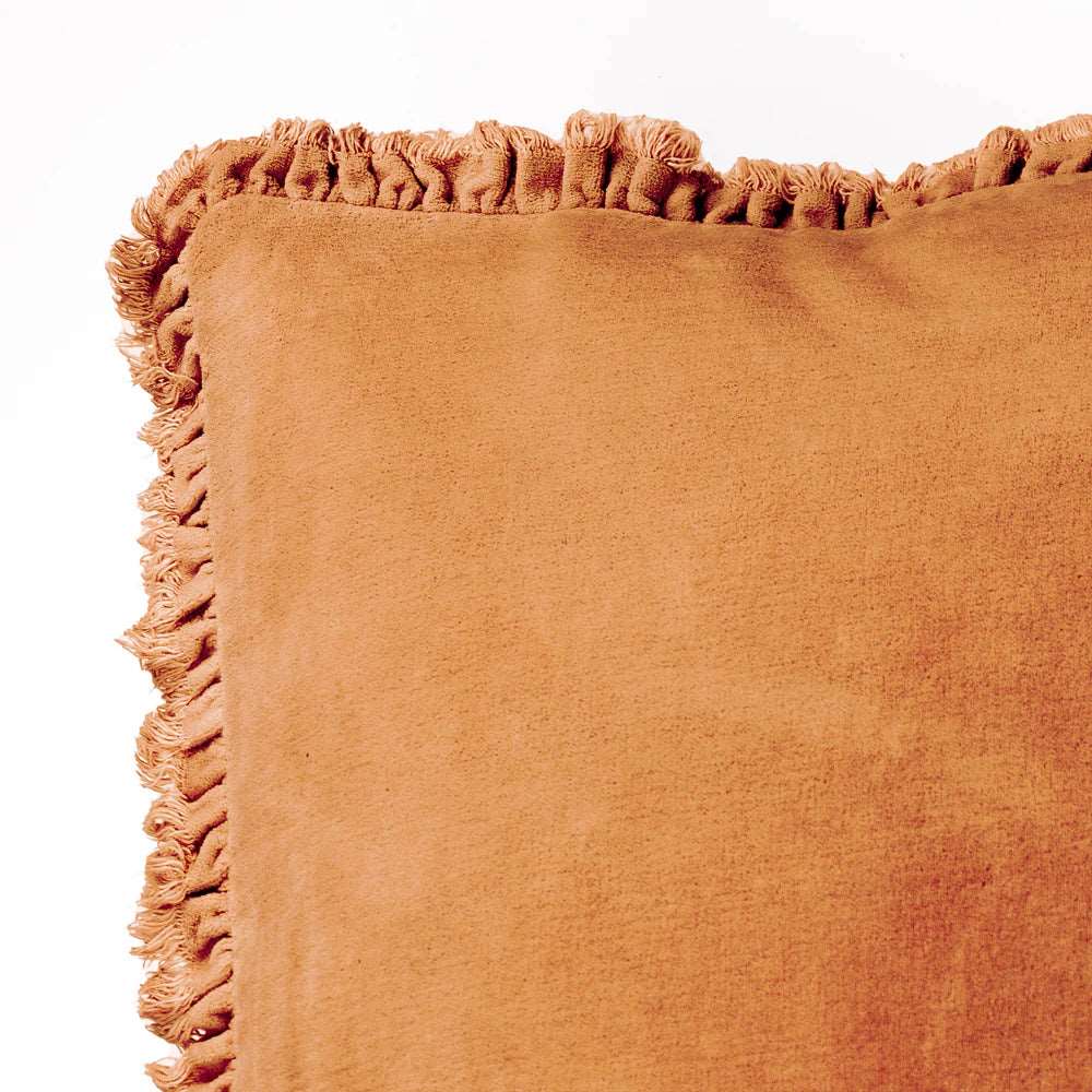 Bertie washed cotton velvet cushion with ruffle edge in Rust 45 x 45cm