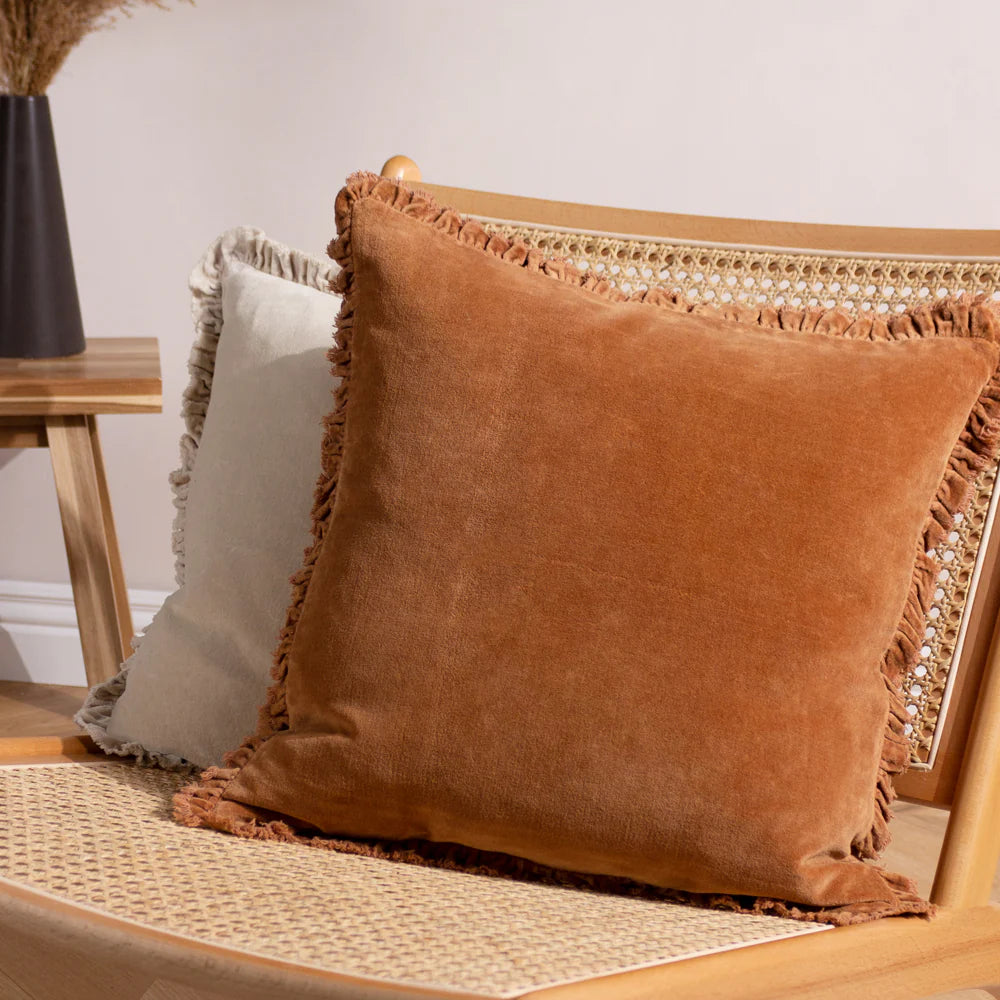 Bertie washed cotton velvet cushion with ruffle edge in Rust 45 x 45cm