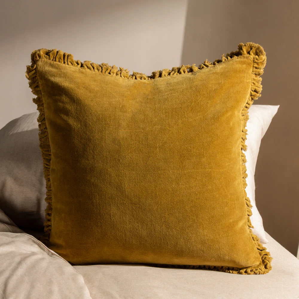 Bertie washed cotton velvet cushion with ruffle edge in Saffron 45 x 45cm